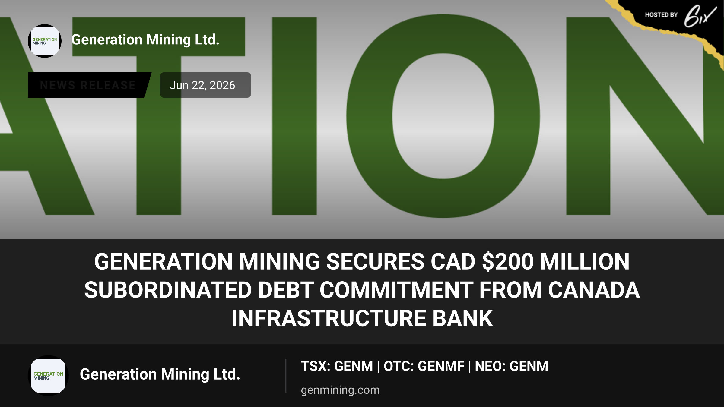 Generation Mining Secures CAD $200 Million Subordinated Debt Commitment from Canada Infrastructure Bank