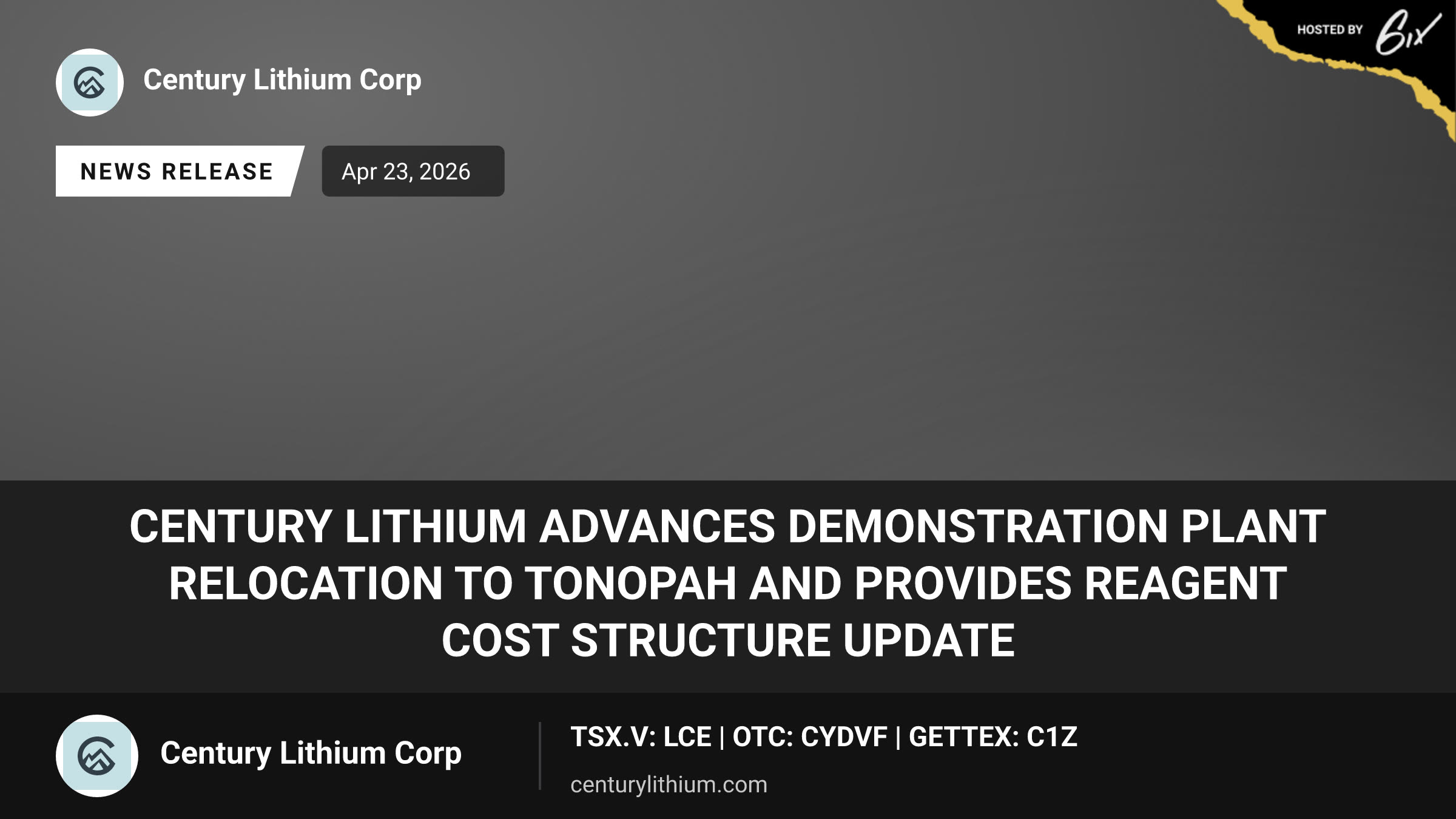 Century Lithium Advances Demonstration Plant Relocation To Tonopah And Provides Reagent Cost Structure Update