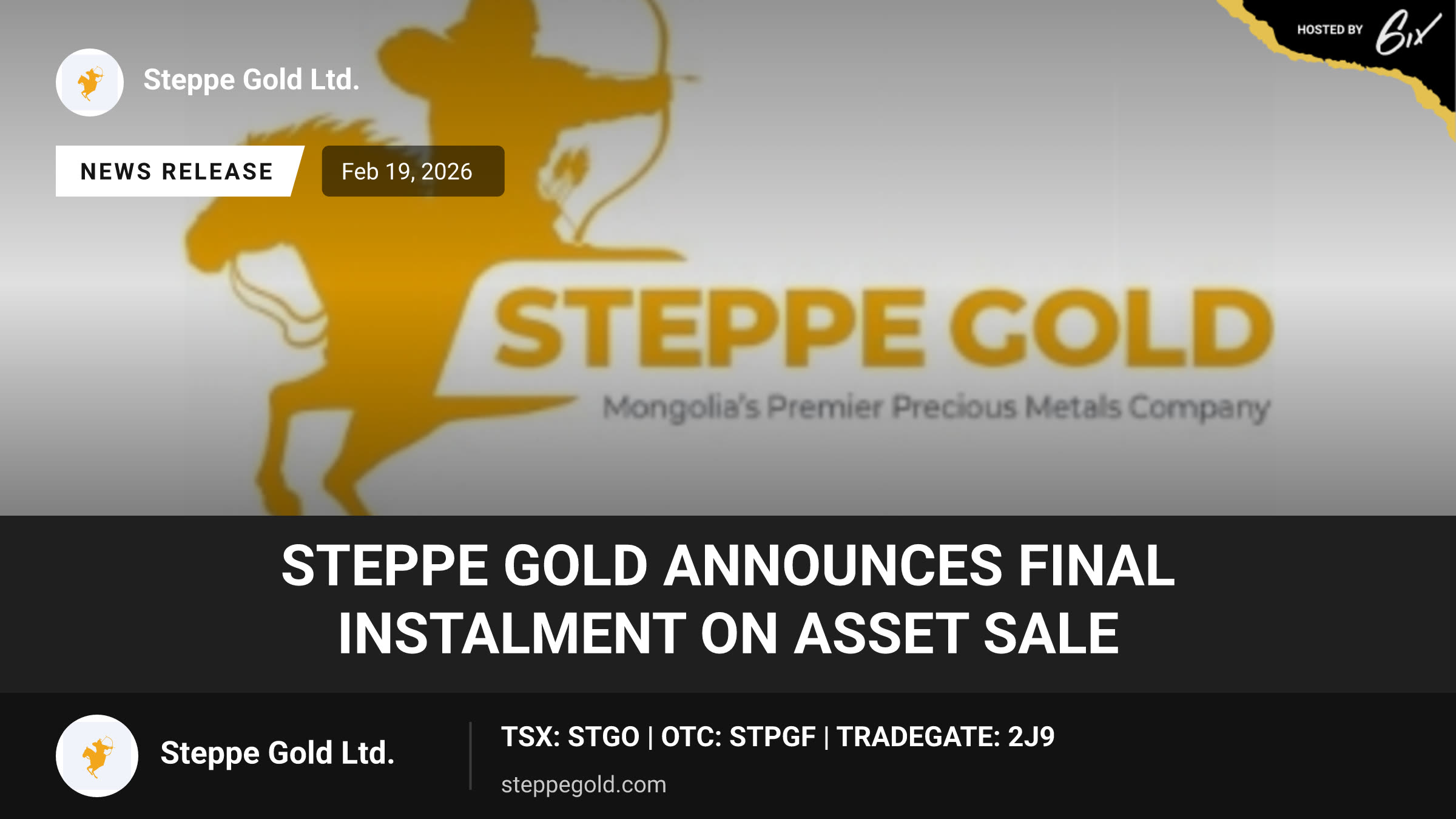Steppe Gold Announces Final Instalment on Asset Sale