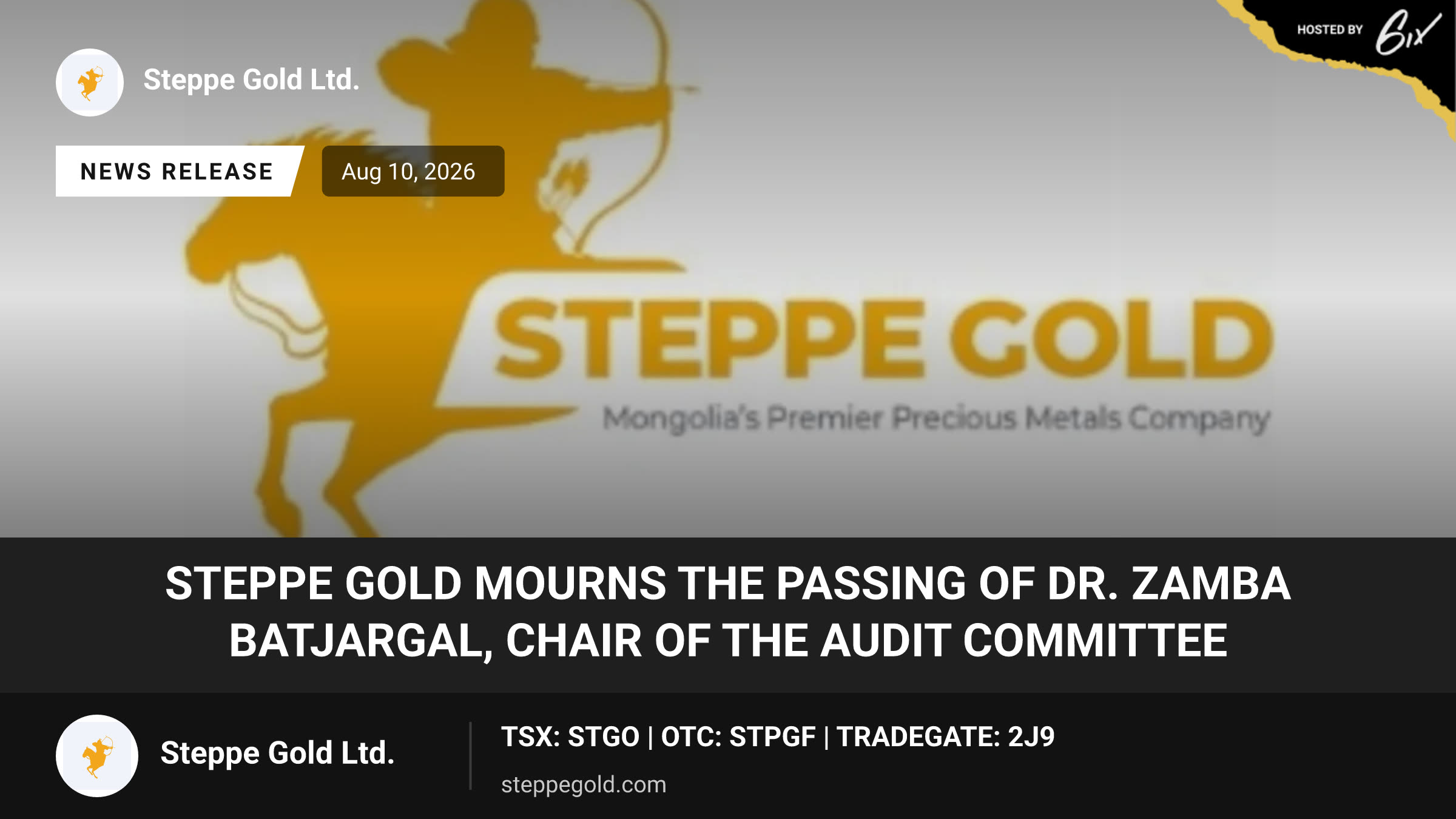 Steppe Gold Mourns the Passing of Dr. Zamba Batjargal, Chair of the Audit Committee