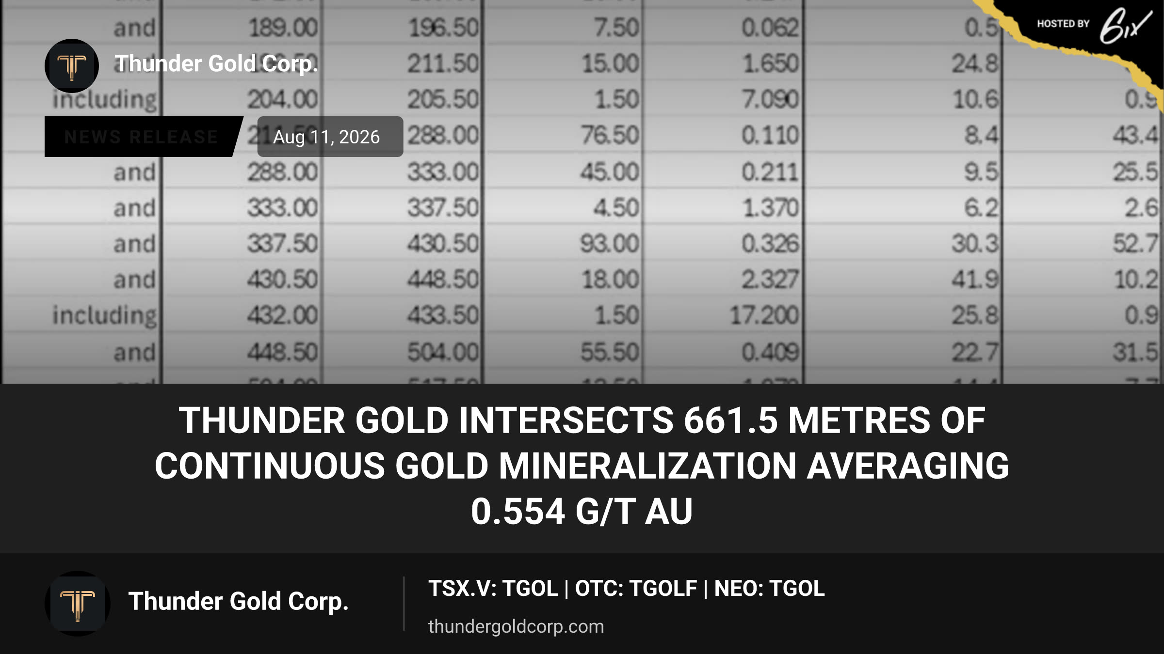 Thunder Gold Intersects 661.5 Metres of Continuous Gold Mineralization Averaging 0.554 g/t Au