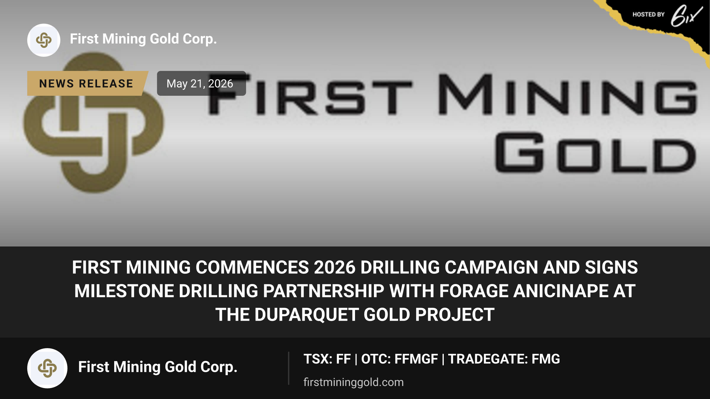 First Mining Commences 2026 Drilling Campaign and Signs Milestone Drilling Partnership with Forage Anicinape at the Duparquet Gold Project