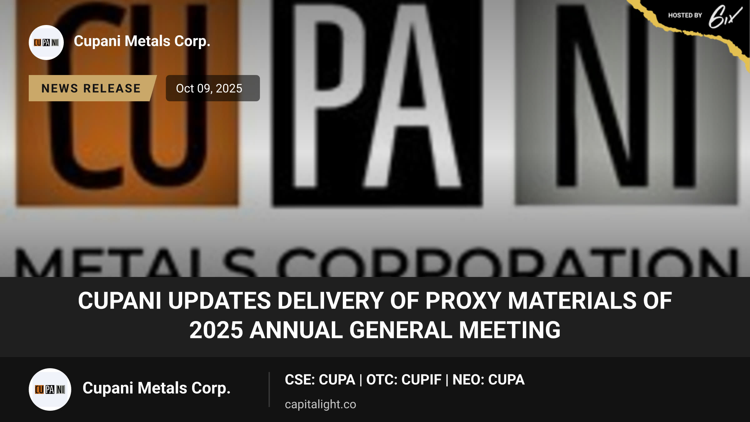 CUPANI Updates Delivery of Proxy Materials of 2025 Annual General Meeting