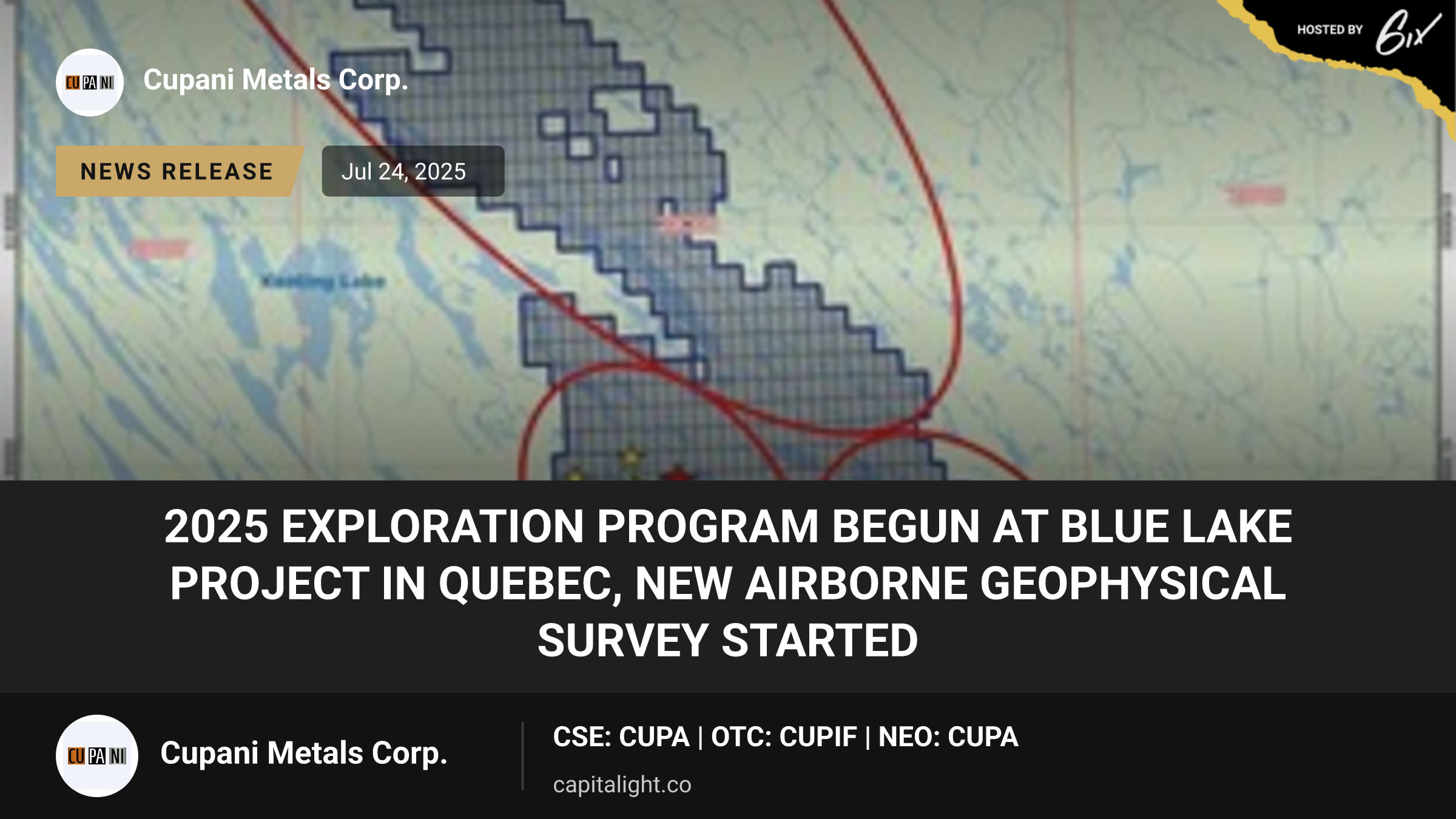 2025 EXPLORATION PROGRAM BEGUN AT BLUE LAKE PROJECT IN QUEBEC, NEW AIRBORNE GEOPHYSICAL SURVEY STARTED