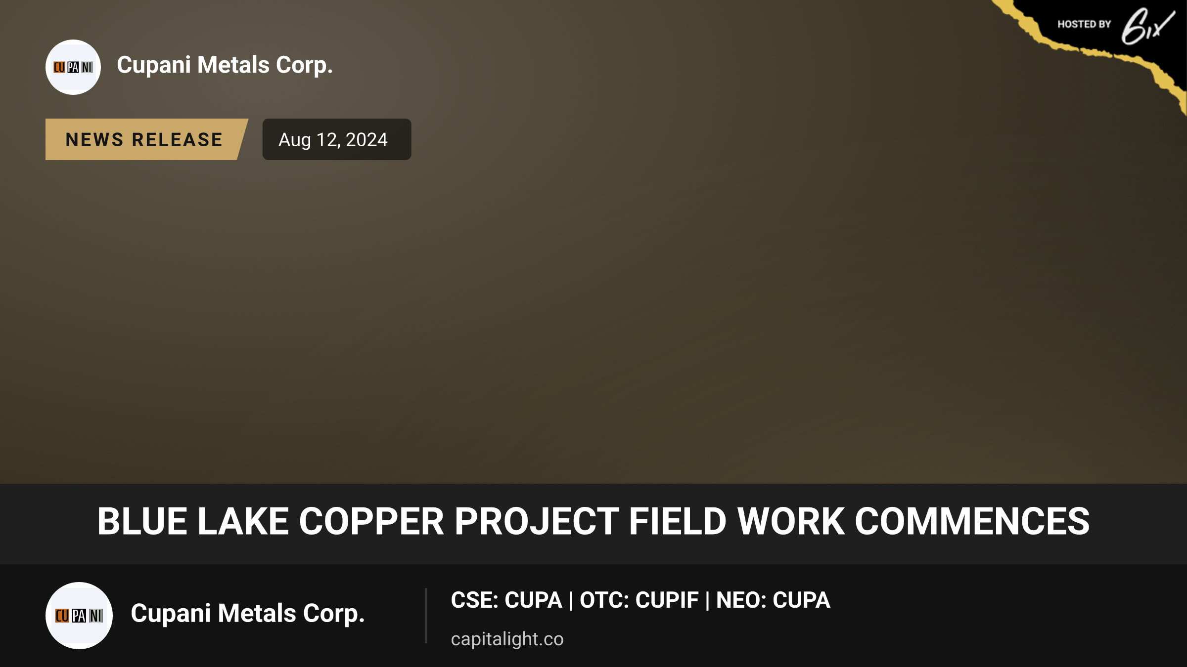BLUE LAKE COPPER PROJECT FIELD WORK COMMENCES