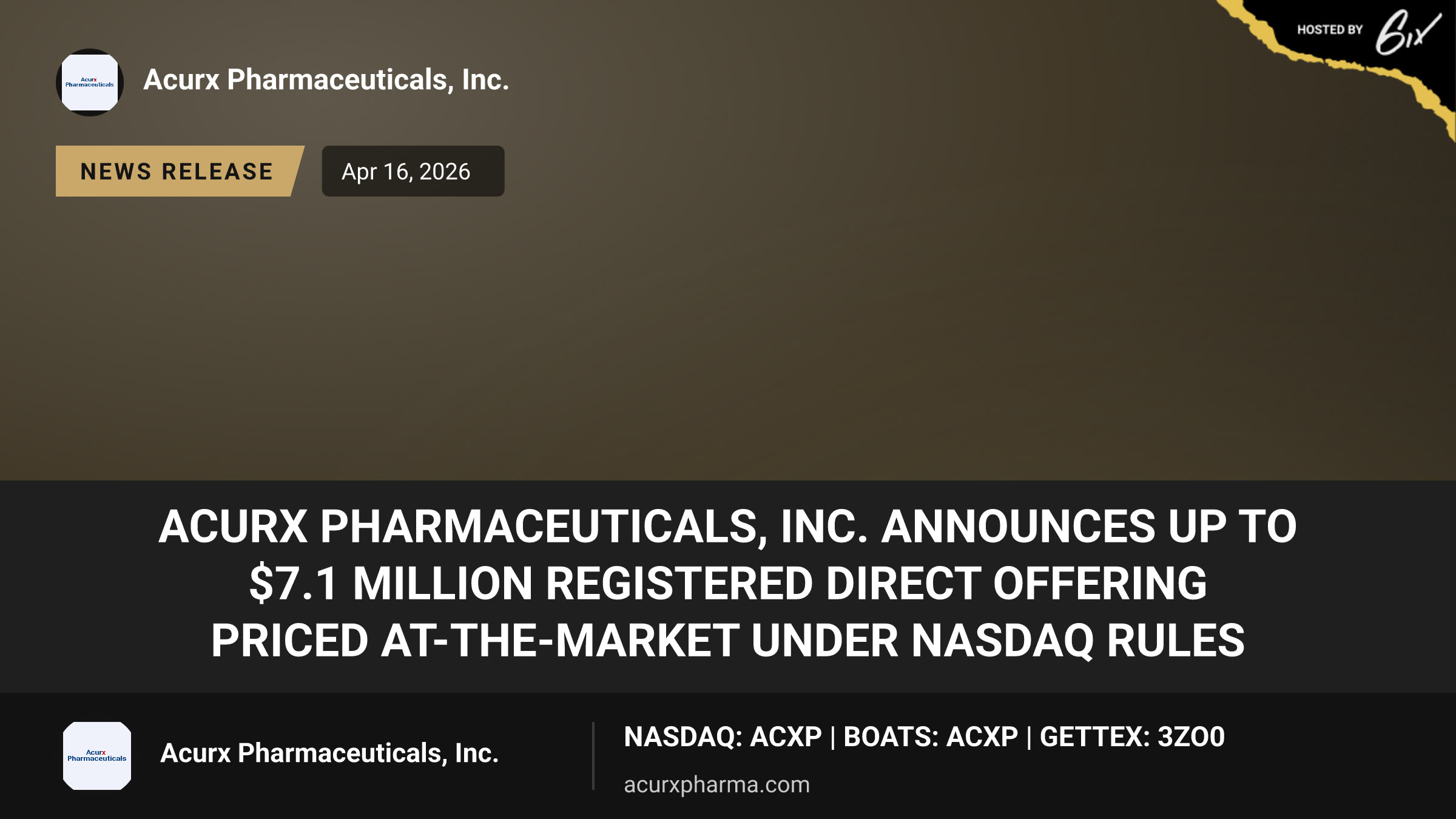 Acurx Pharmaceuticals, Inc. Announces up to $7.1 Million Registered Direct Offering Priced At-The-Market Under Nasdaq Rules