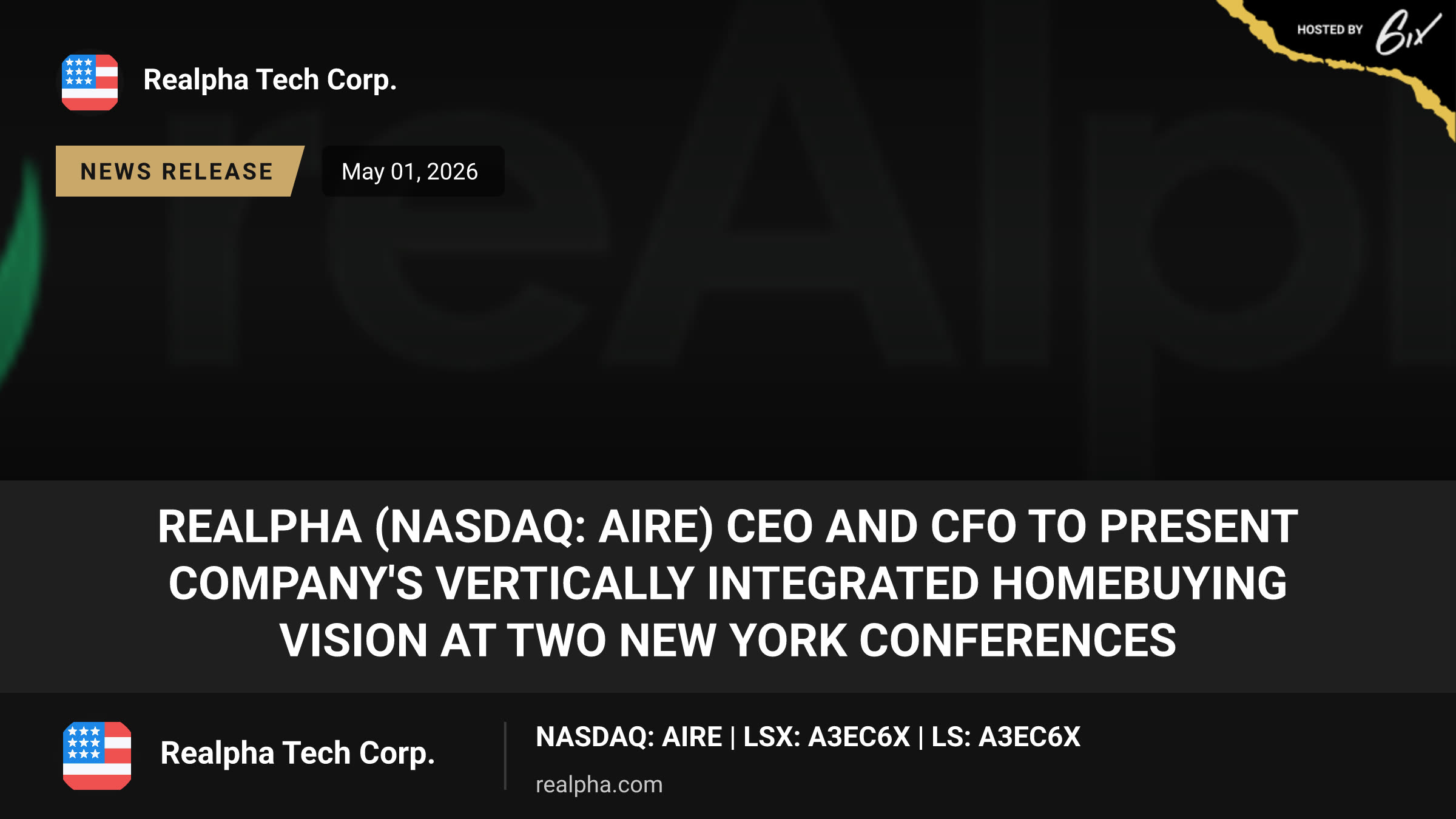 reAlpha (Nasdaq: AIRE) CEO and CFO to Present Company's Vertically Integrated Homebuying Vision at Two New York Conferences