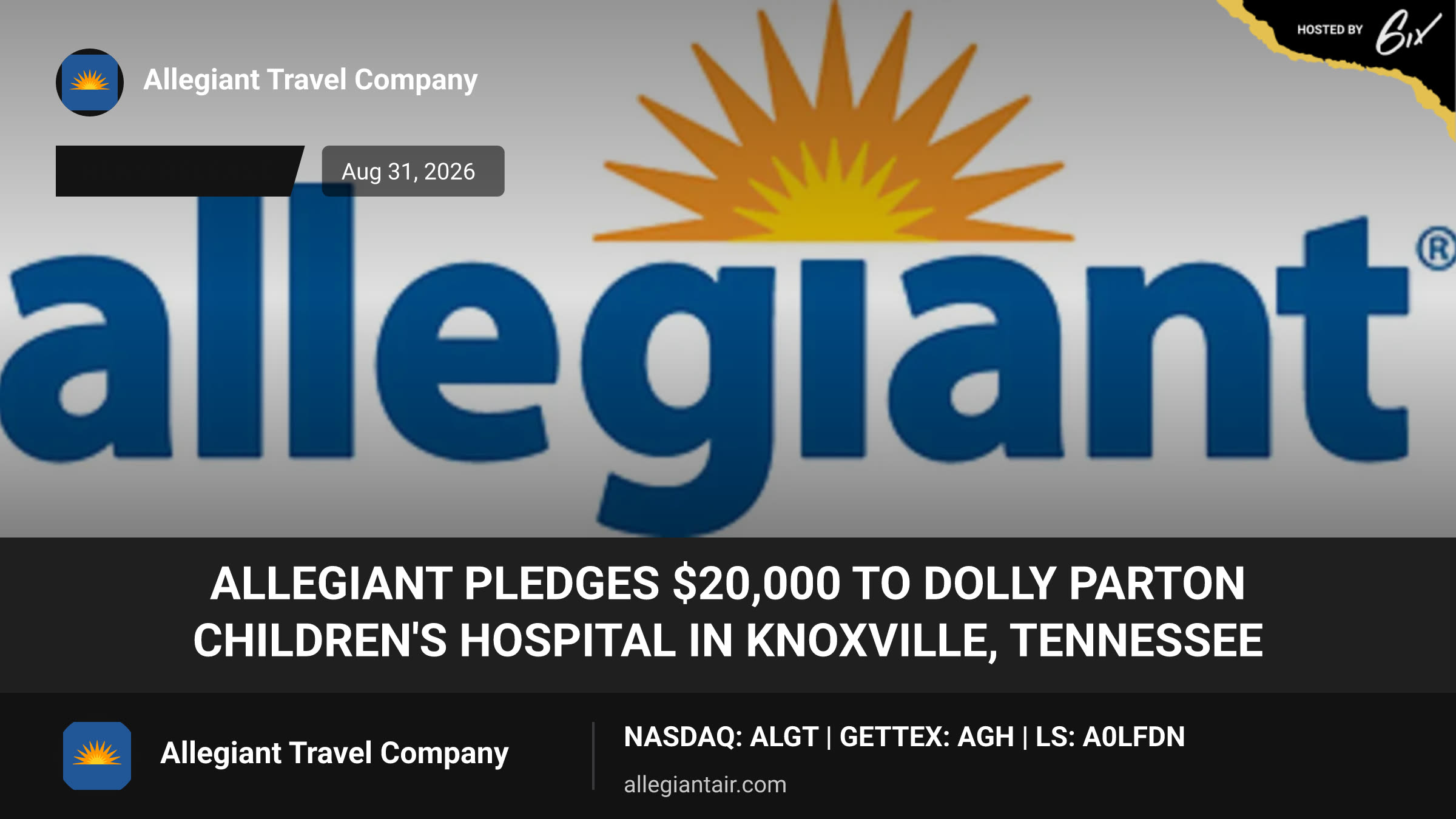 Allegiant Pledges $20,000 to Dolly Parton Children's Hospital in Knoxville, Tennessee