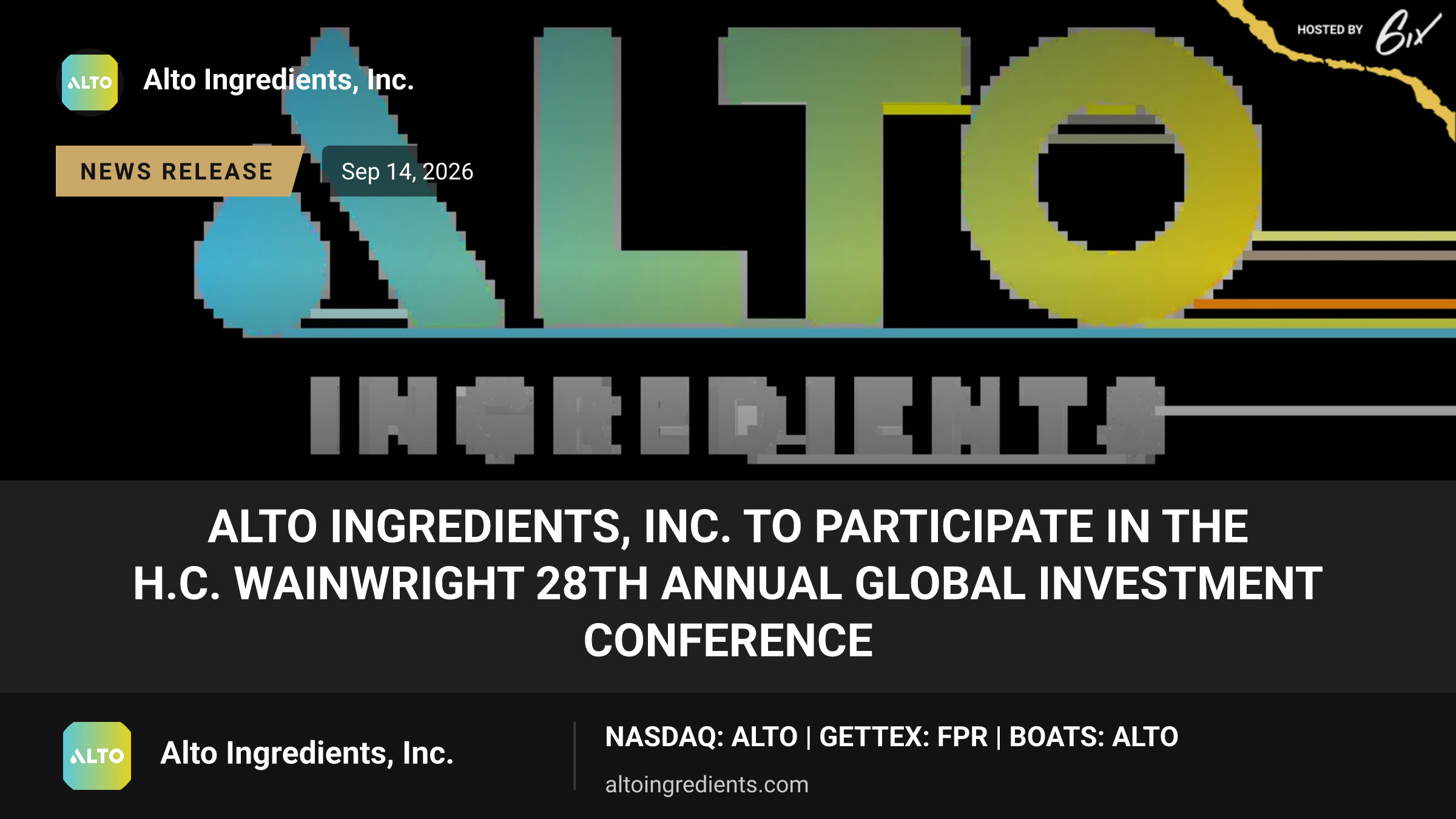 Alto Ingredients, Inc. to Participate in the H.C. Wainwright 28th Annual Global Investment Conference