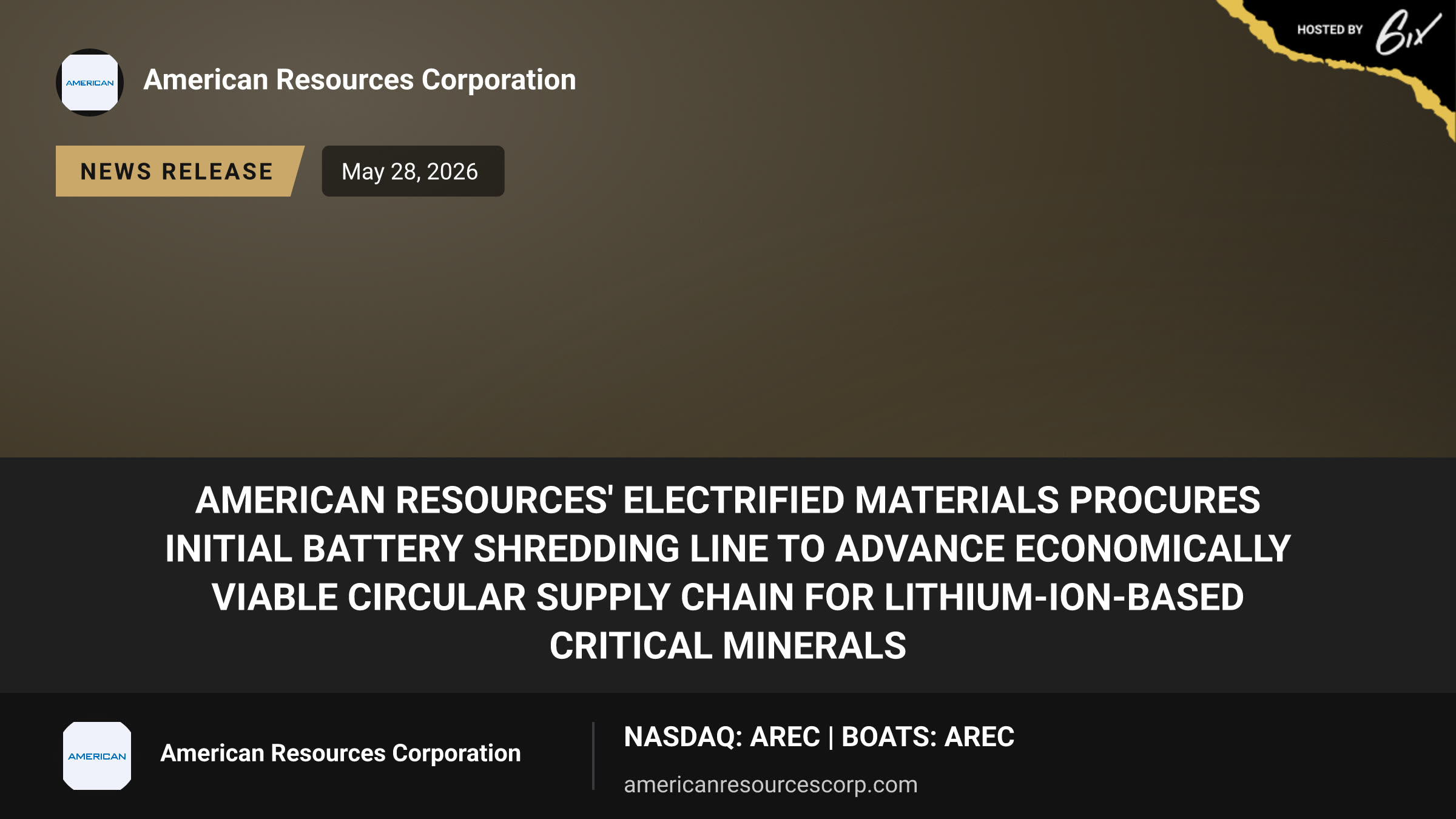 American Resources' Electrified Materials Procures Initial Battery Shredding Line to Advance Economically Viable Circular Supply Chain for Lithium-Ion-Based Critical Minerals