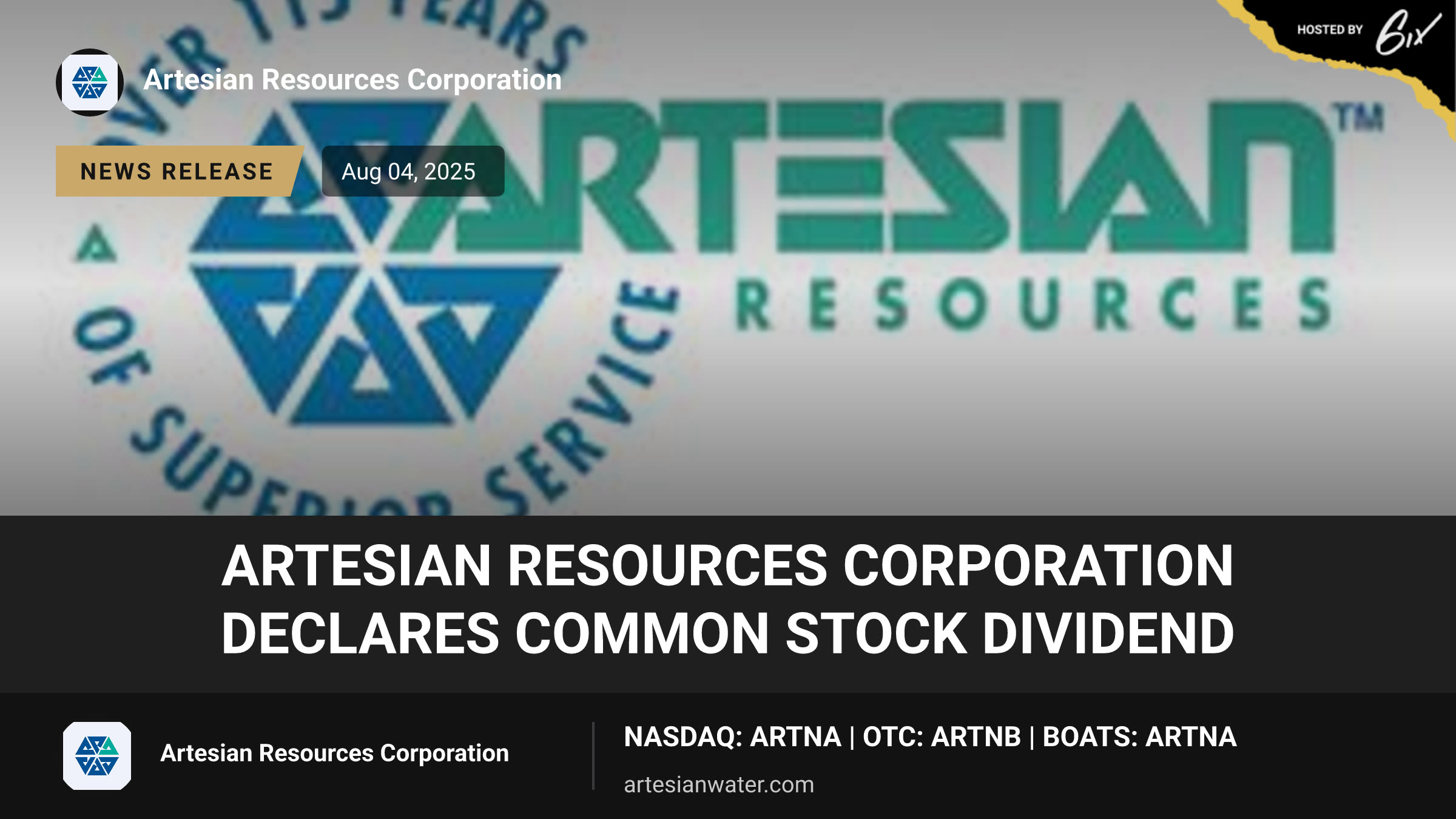 Artesian Resources Corporation Declares Common Stock Dividend