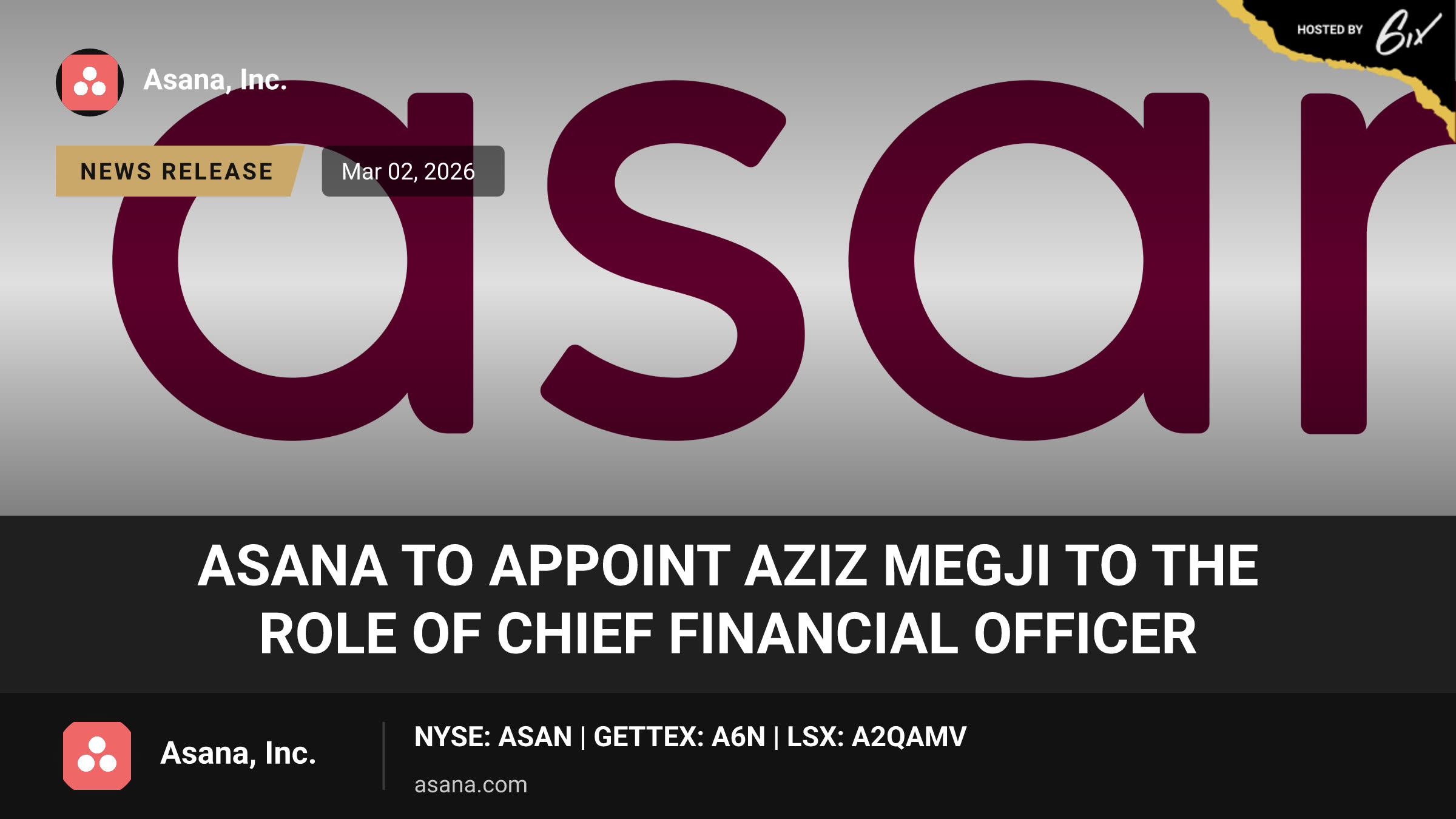 Asana to Appoint Aziz Megji to the Role of Chief Financial Officer