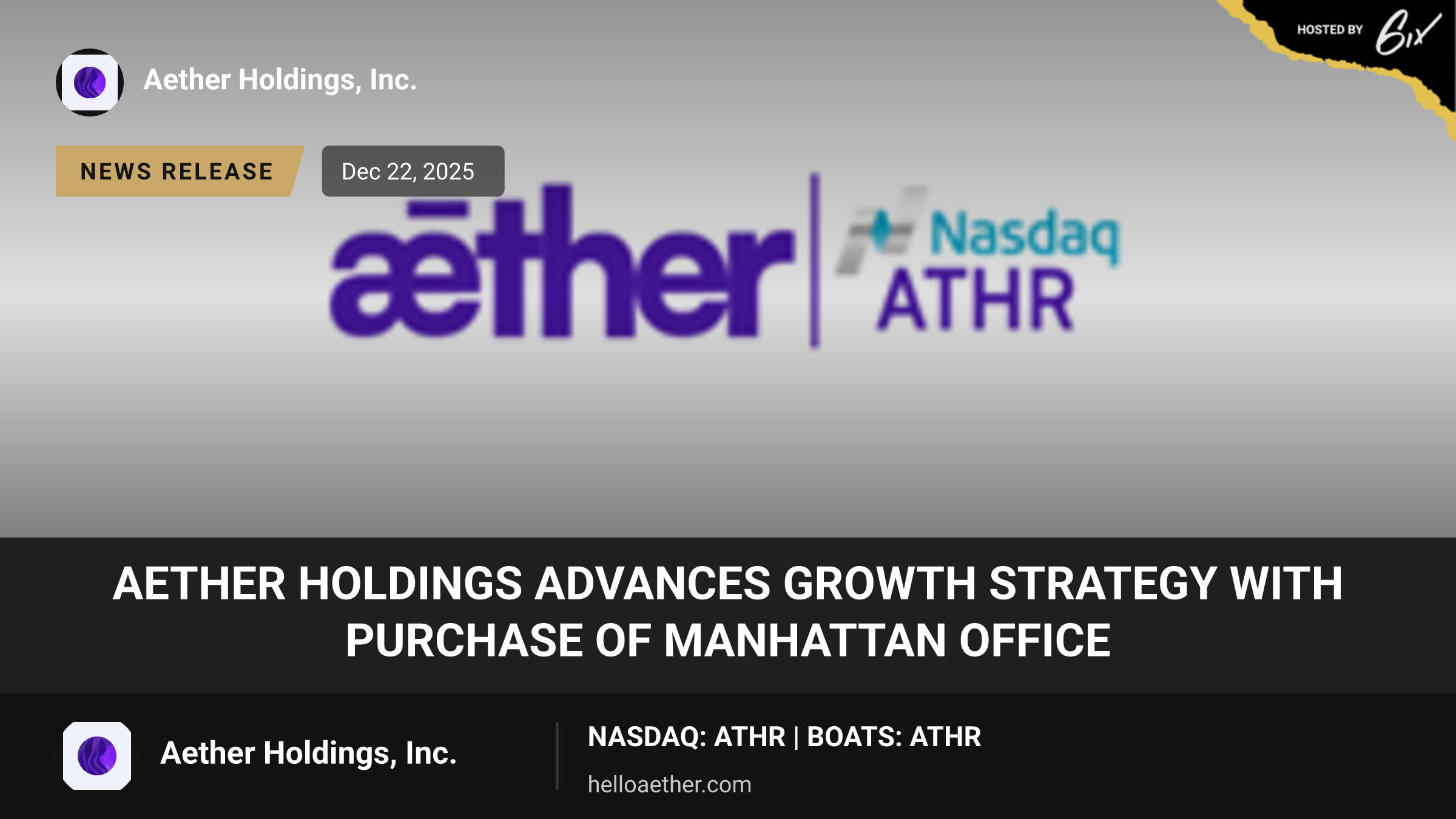 Aether Holdings Advances Growth Strategy with Purchase of Manhattan Office