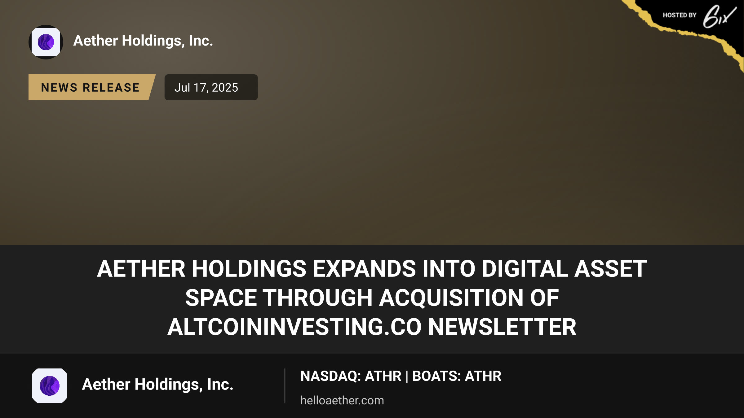 Aether Holdings Expands into Digital Asset Space Through Acquisition of AltcoinInvesting.co Newsletter