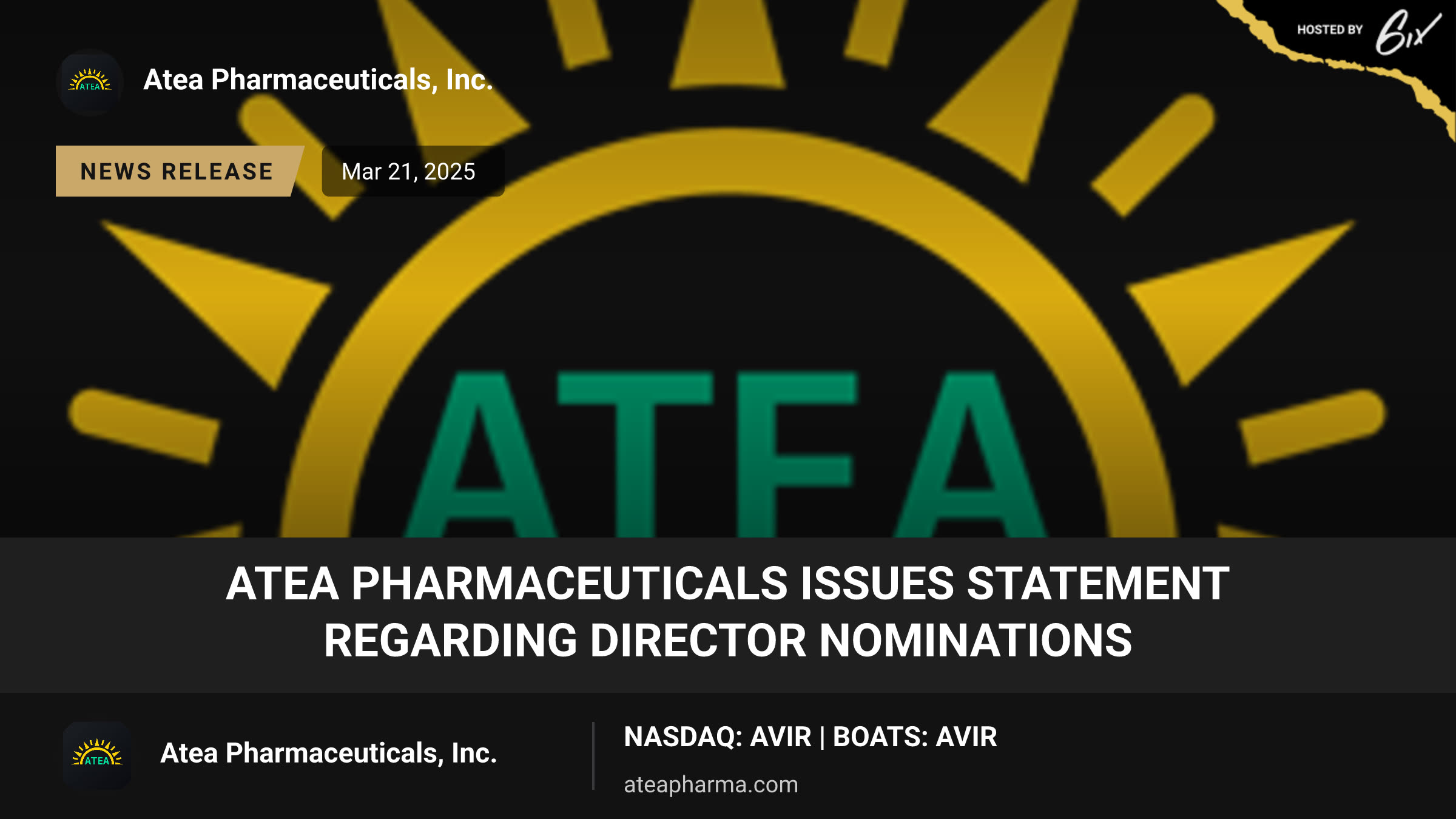 Atea Pharmaceuticals Issues Statement Regarding Director Nominations