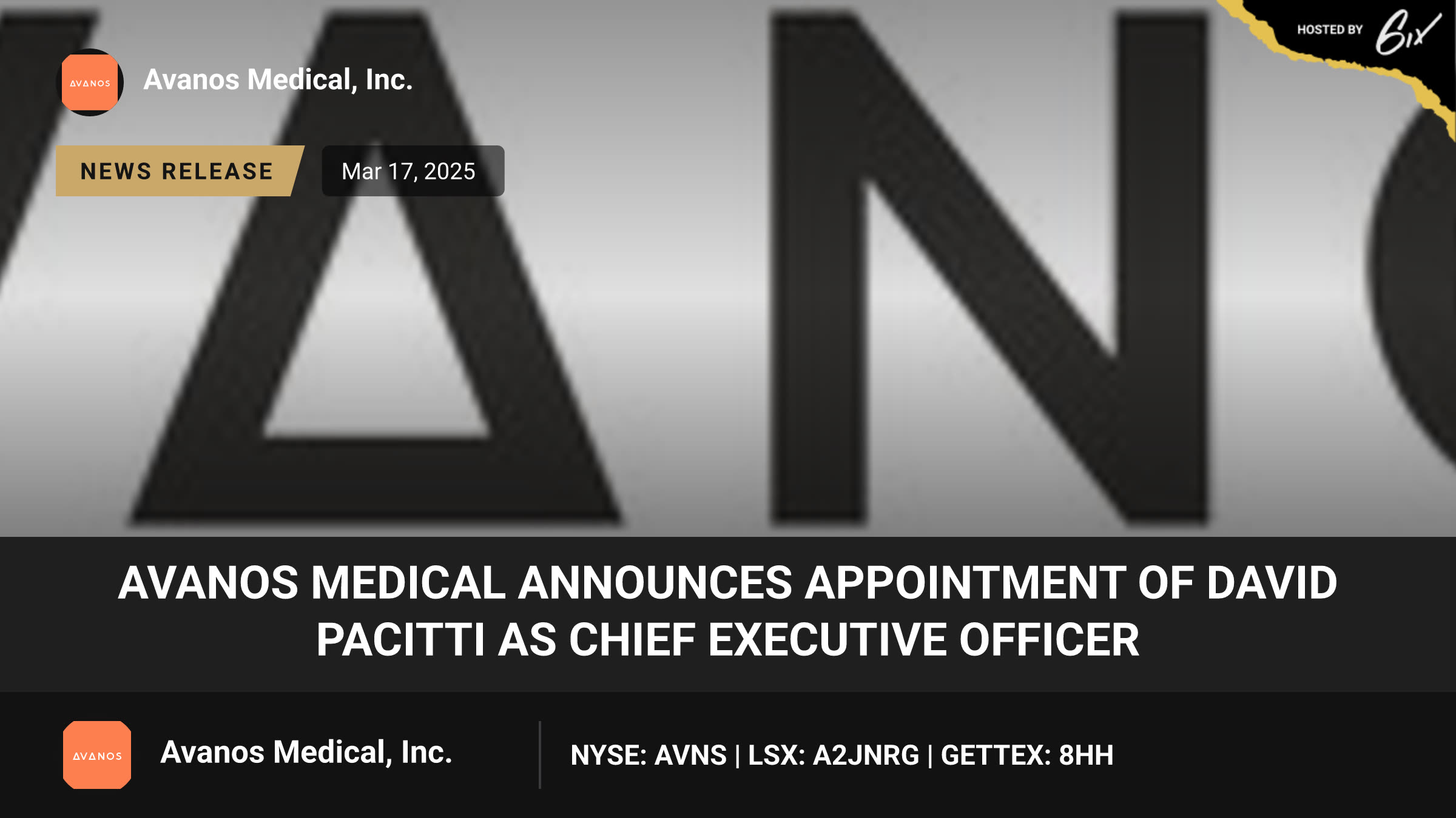 Avanos Medical Announces Appointment of David Pacitti as Chief Executive Officer