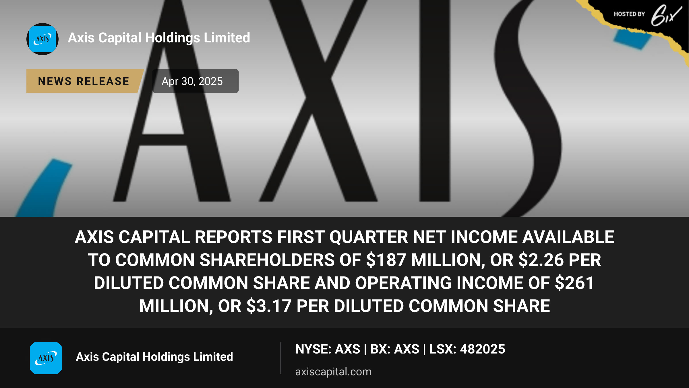 AXIS Capital Reports First Quarter Net Income Available to Common Shareholders of $187 Million, or $2.26 Per Diluted Common Share and Operating Income of $261 Million, or $3.17 Per Diluted Common Share