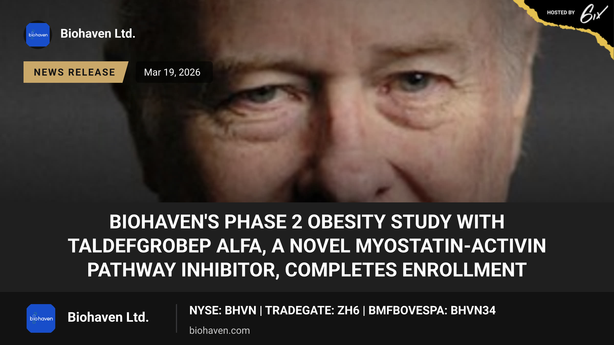 Biohaven's Phase 2 Obesity Study with Taldefgrobep Alfa, a Novel Myostatin-Activin Pathway Inhibitor, Completes Enrollment