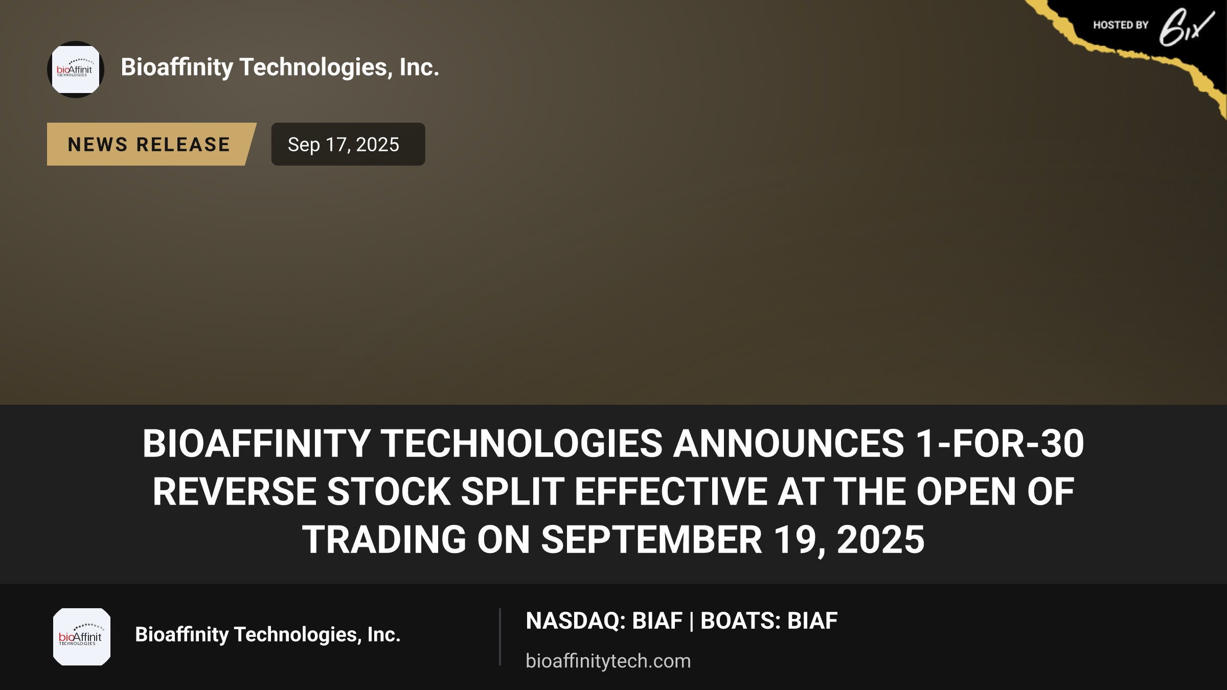 bioAffinity Technologies Announces 1-for-30 Reverse Stock Split Effective at the Open of Trading on September 19, 2025