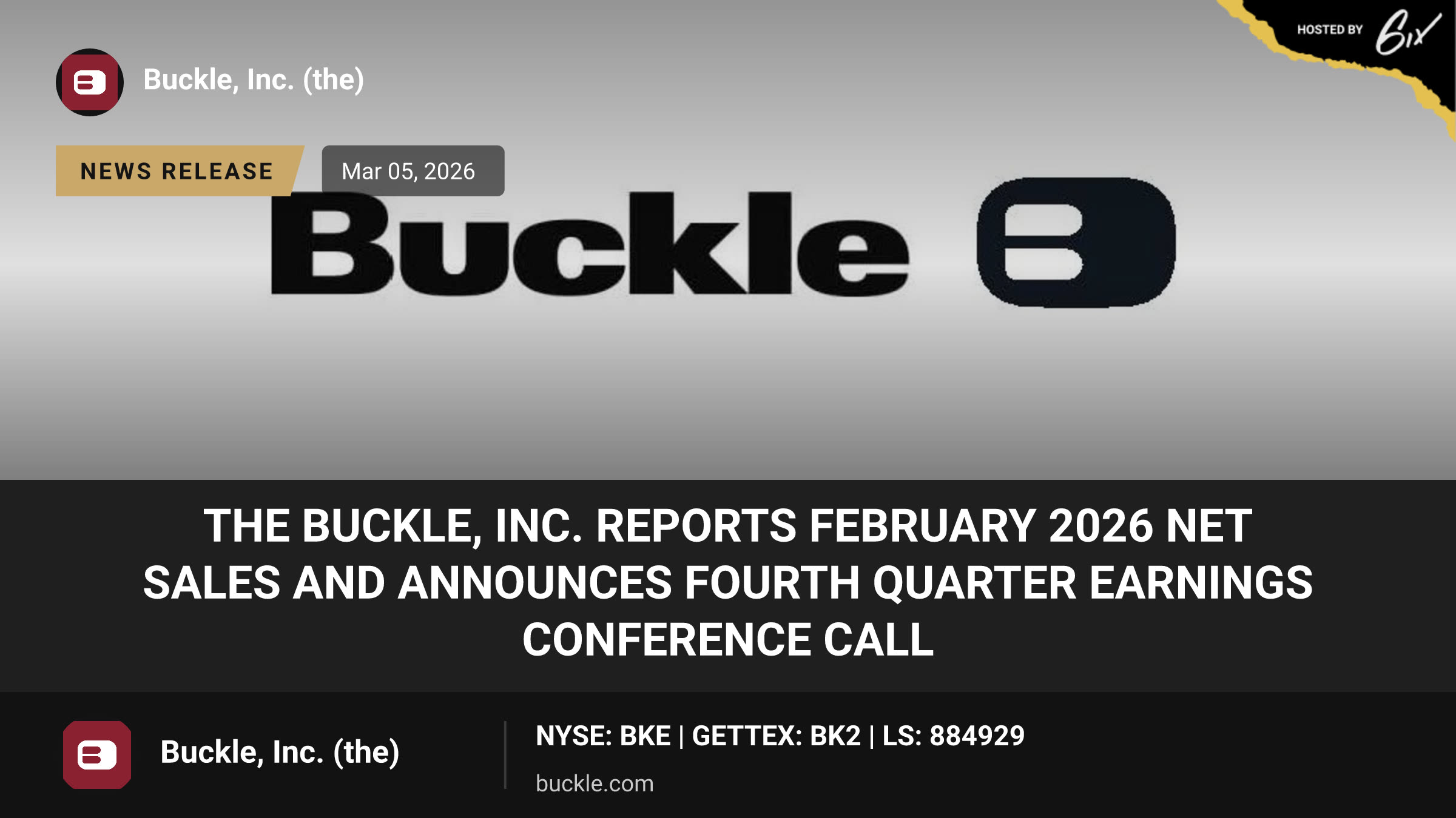 The Buckle, Inc. Reports February 2026 Net Sales and Announces Fourth Quarter Earnings Conference Call