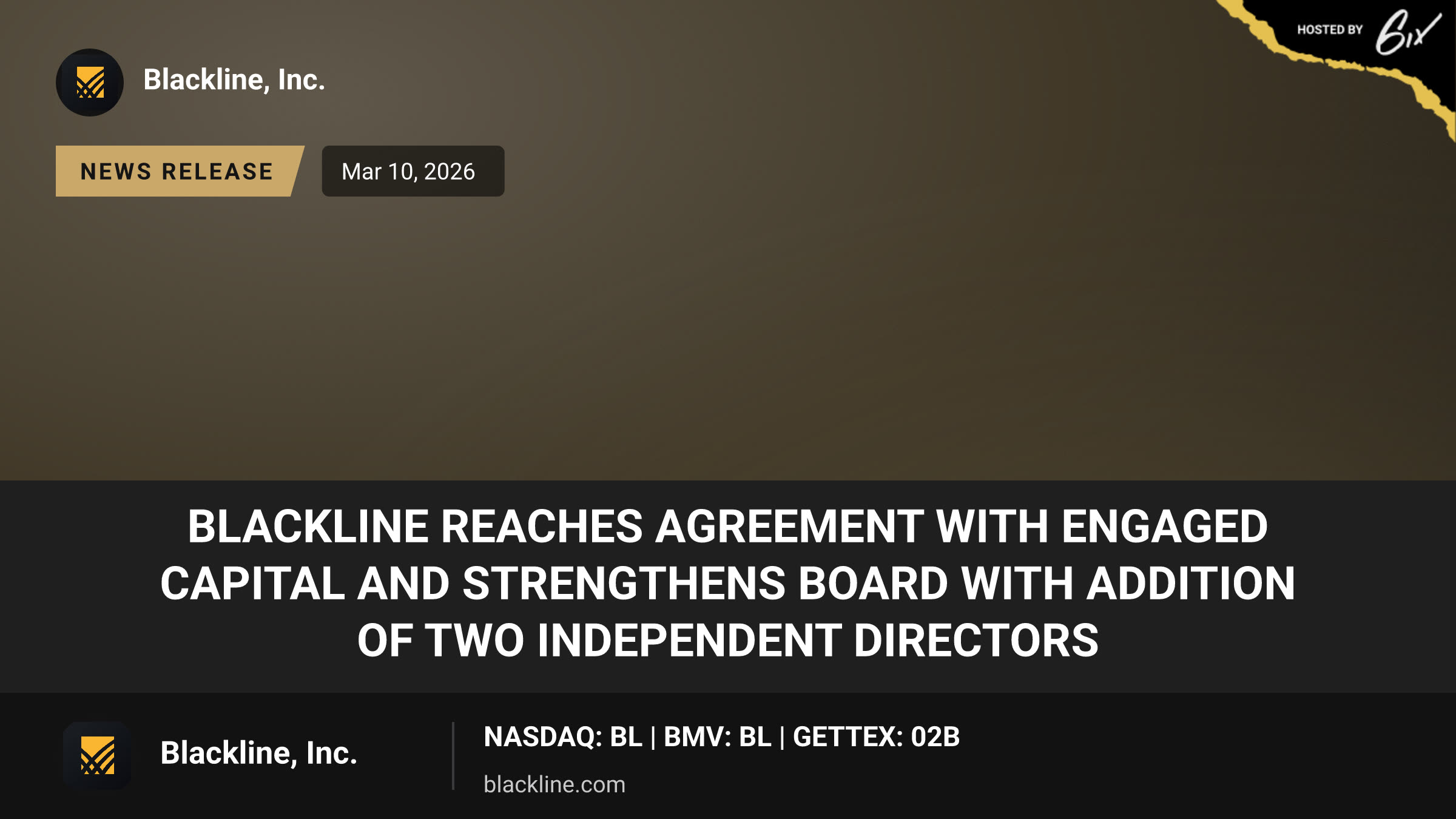 BlackLine Reaches Agreement with Engaged Capital and Strengthens Board with Addition of Two Independent Directors