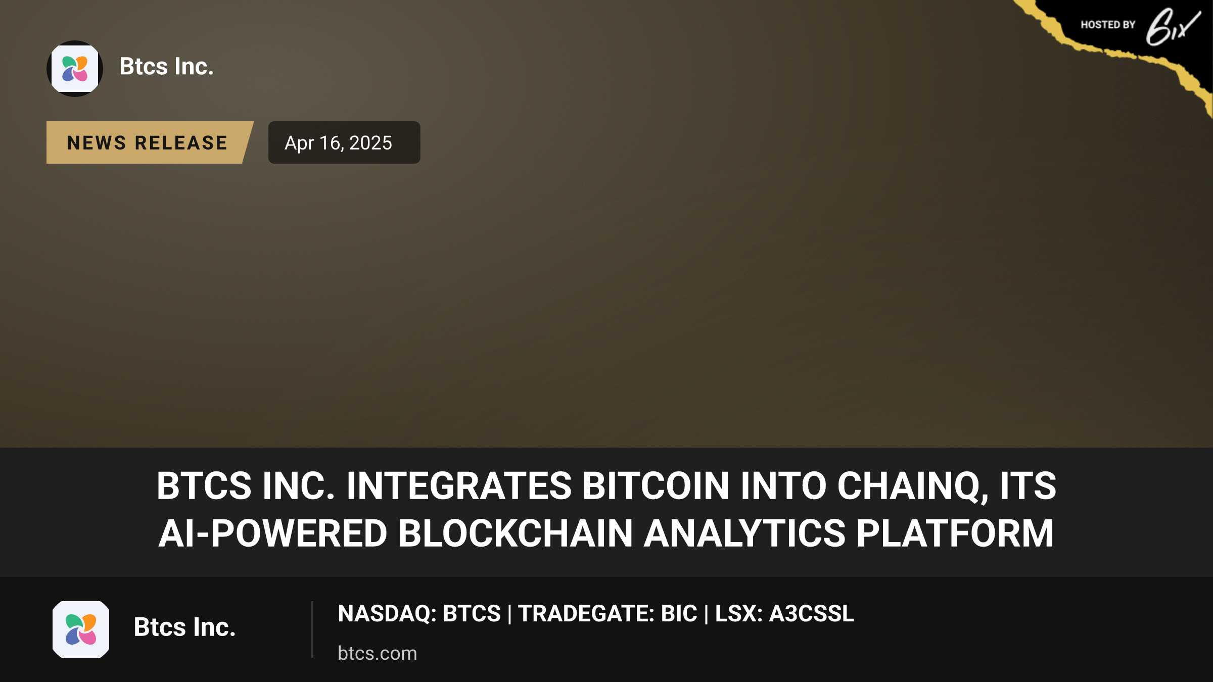 BTCS Inc. Integrates Bitcoin into ChainQ, Its AI-Powered Blockchain Analytics Platform