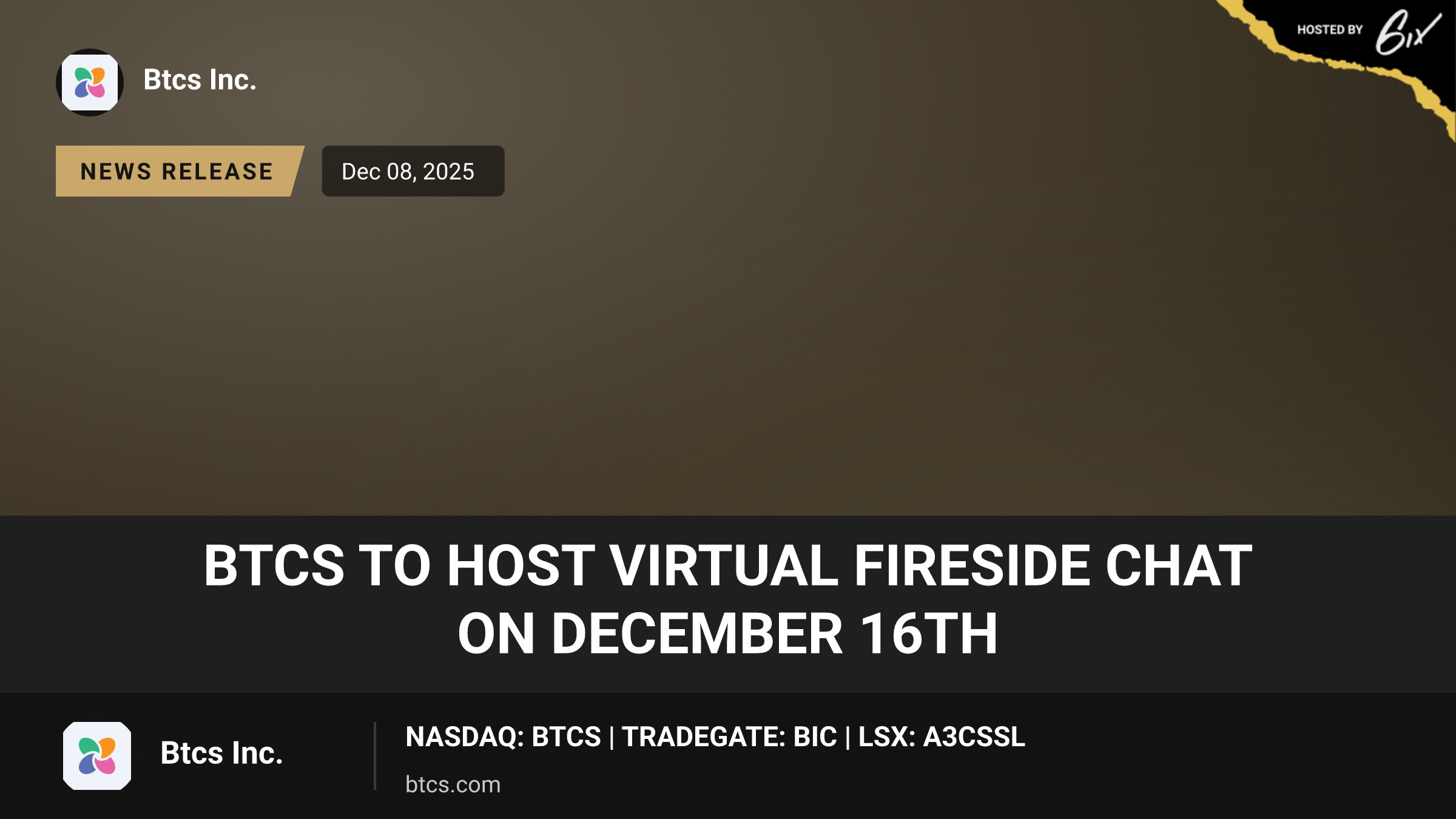 BTCS to Host Virtual Fireside Chat on December 16th