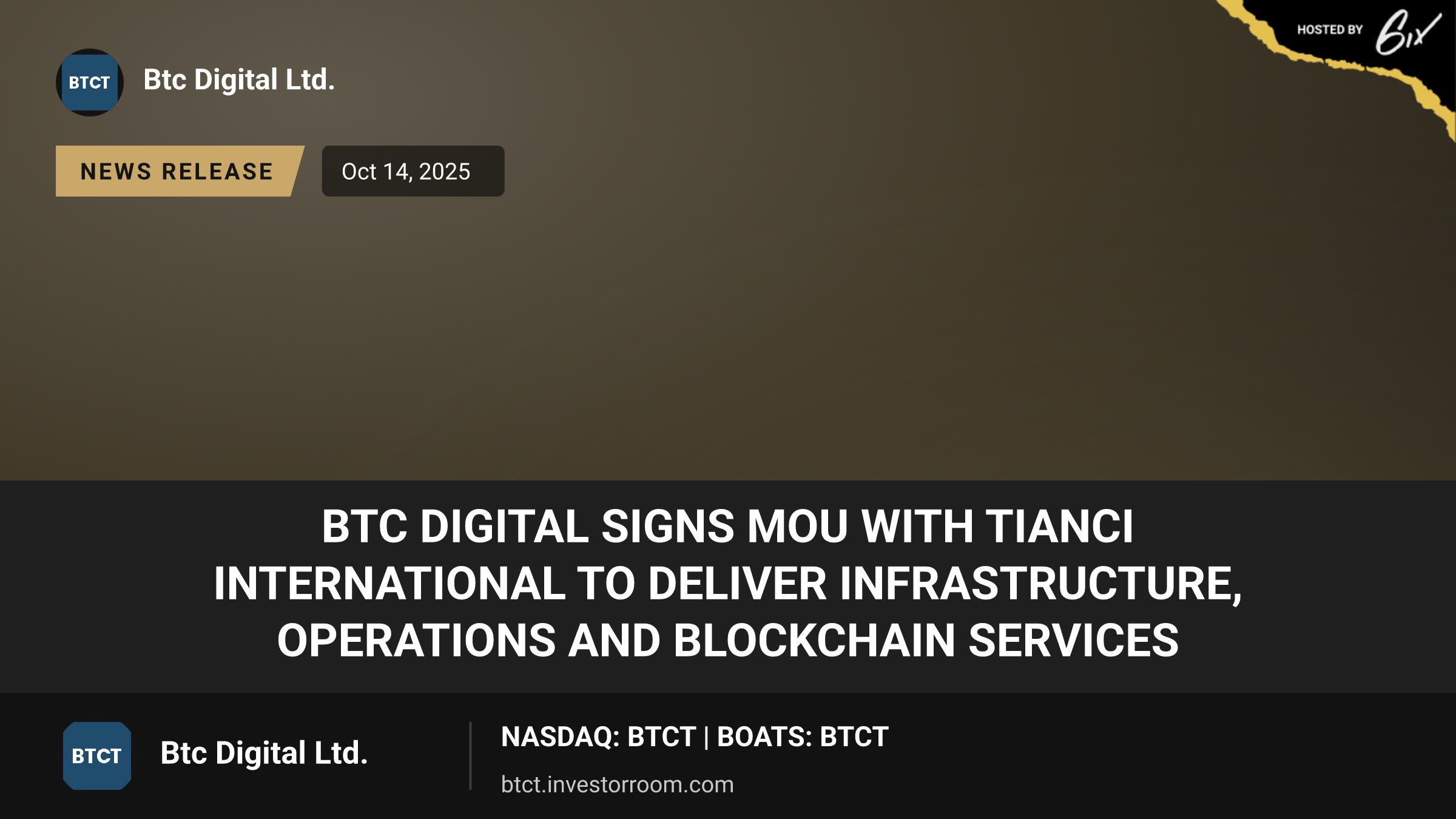 BTC Digital Signs MOU with Tianci International to Deliver Infrastructure, Operations and Blockchain Services