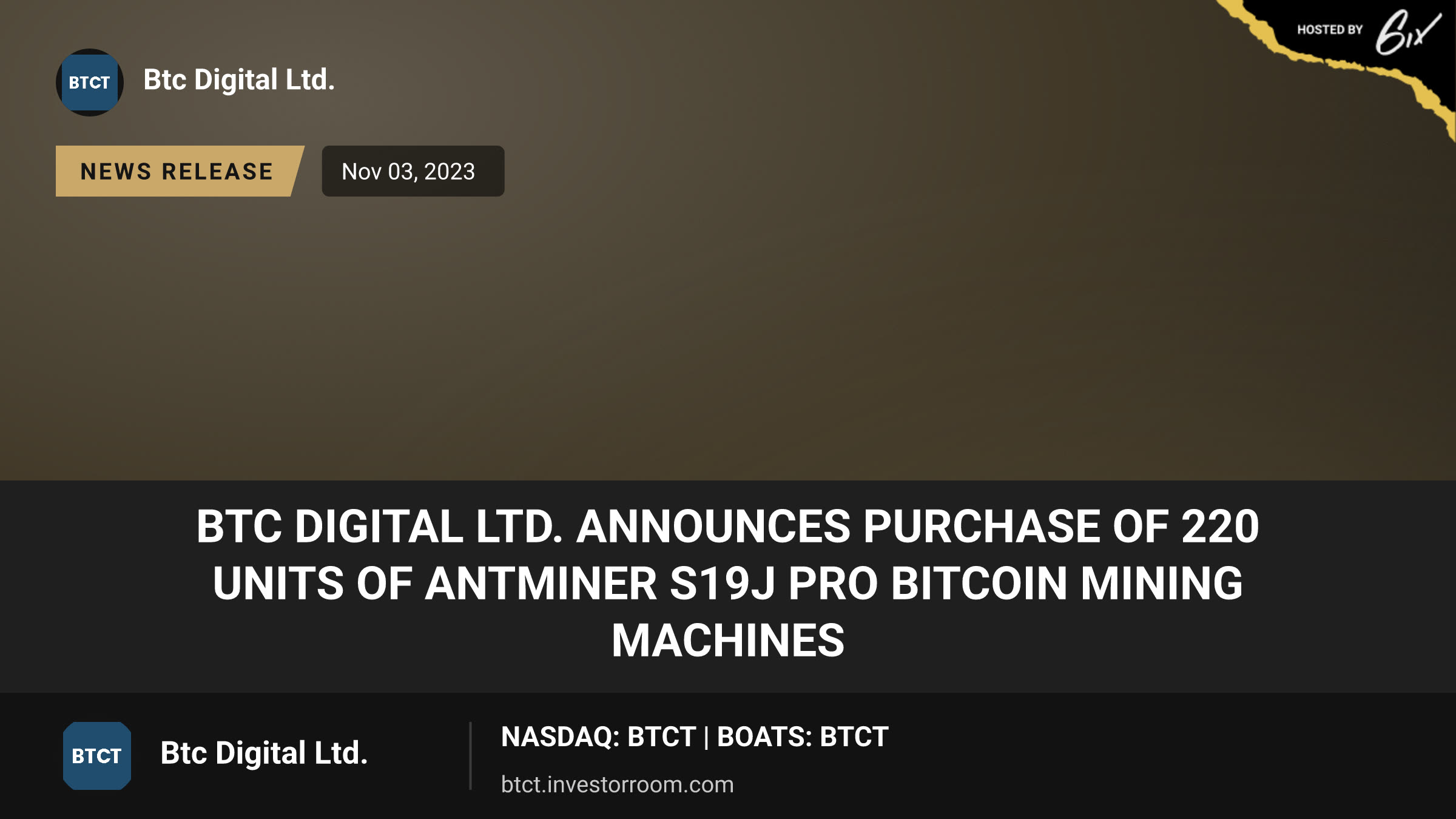 BTC Digital Ltd. Announces Purchase of 220 Units of Antminer S19j Pro Bitcoin Mining Machines