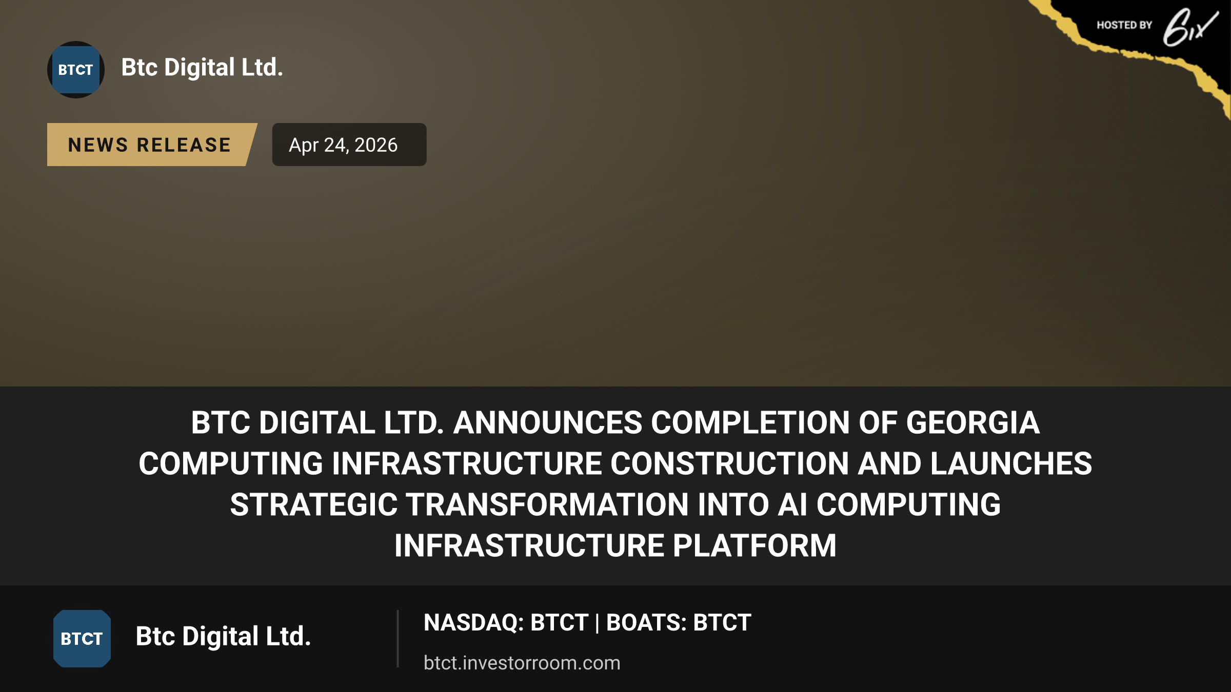 BTC Digital Ltd. Announces Completion of Georgia Computing Infrastructure Construction and Launches Strategic Transformation into AI Computing Infrastructure Platform