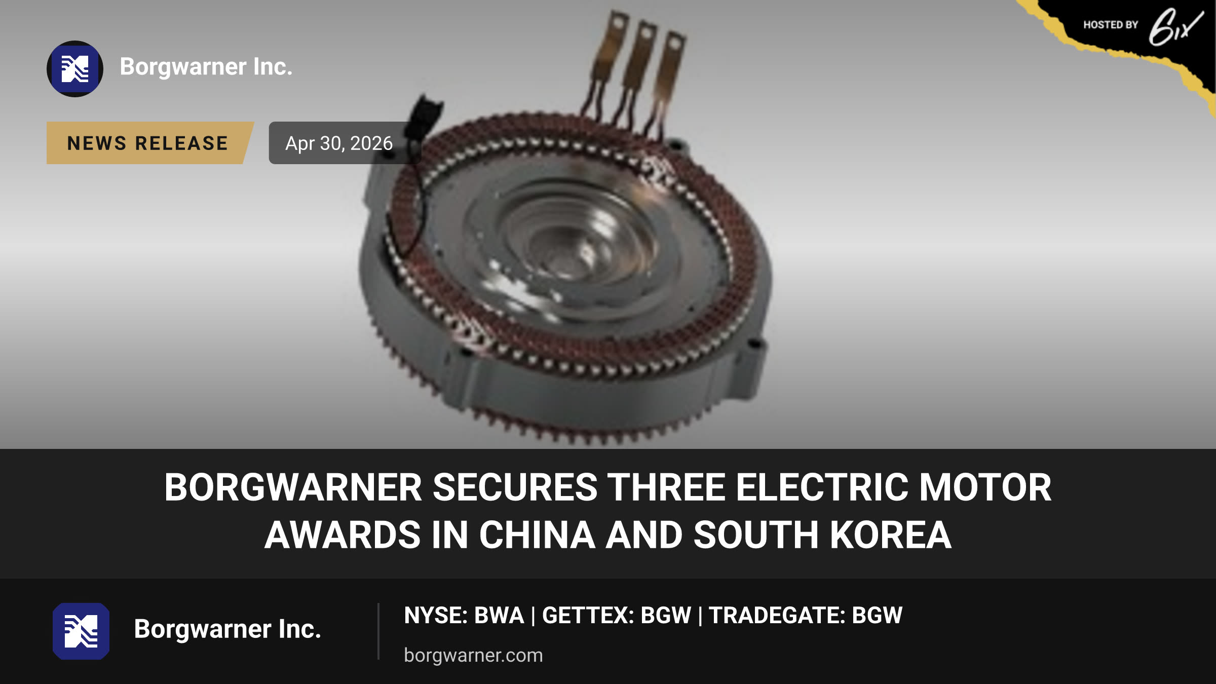 BorgWarner Secures Three Electric Motor Awards in China and South Korea