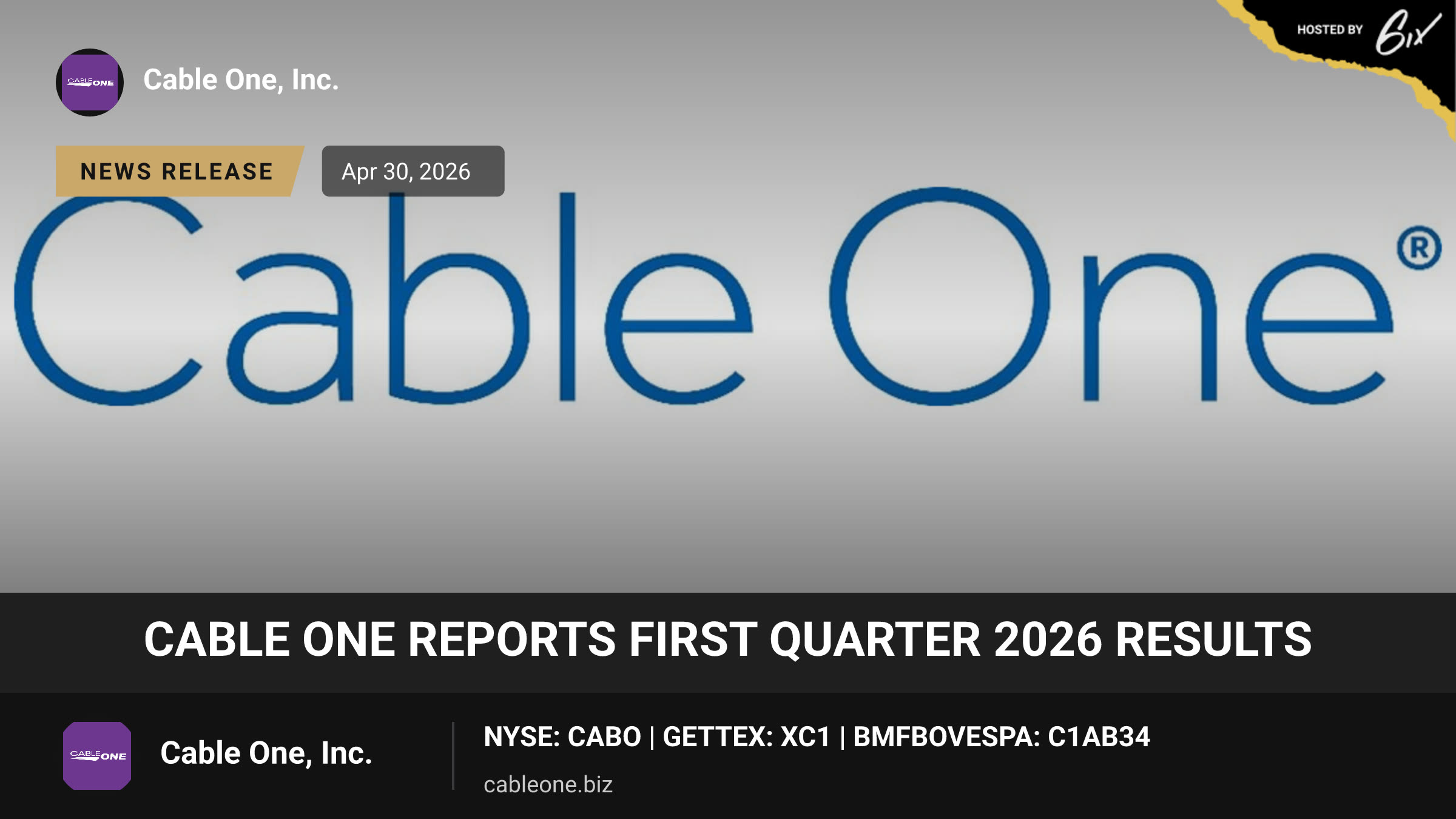 Cable One Reports First Quarter 2026 Results