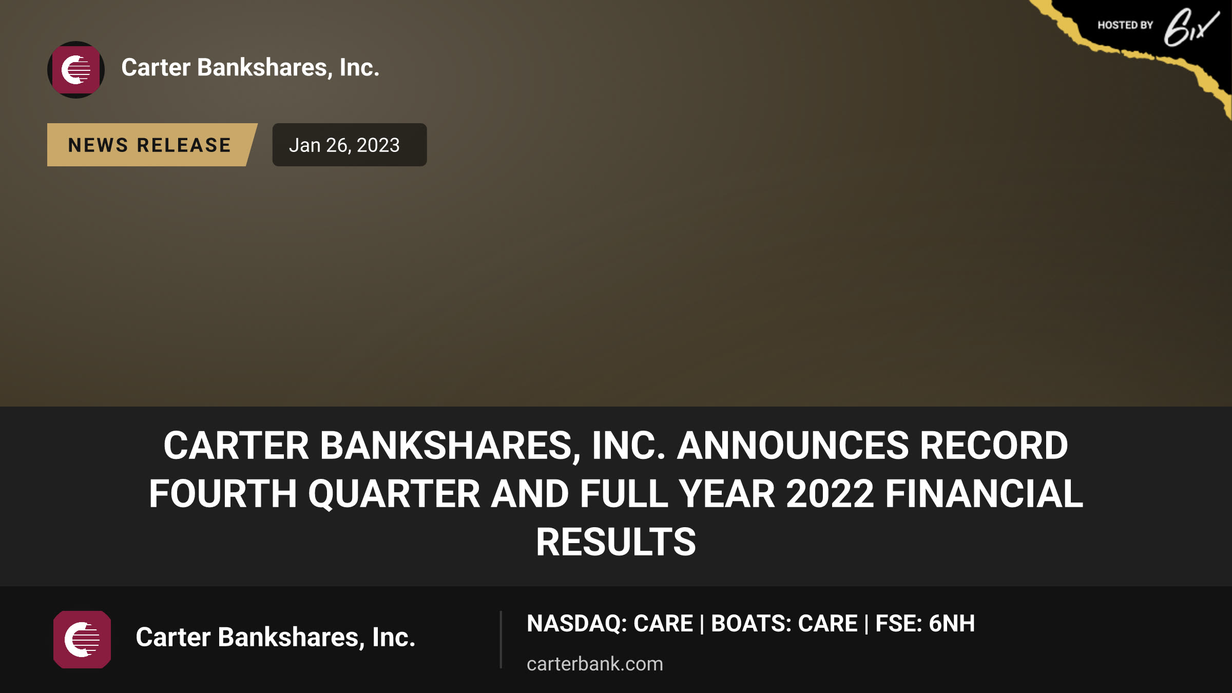 Carter Bankshares, Inc. Announces Record Fourth Quarter and Full Year 2022 Financial Results