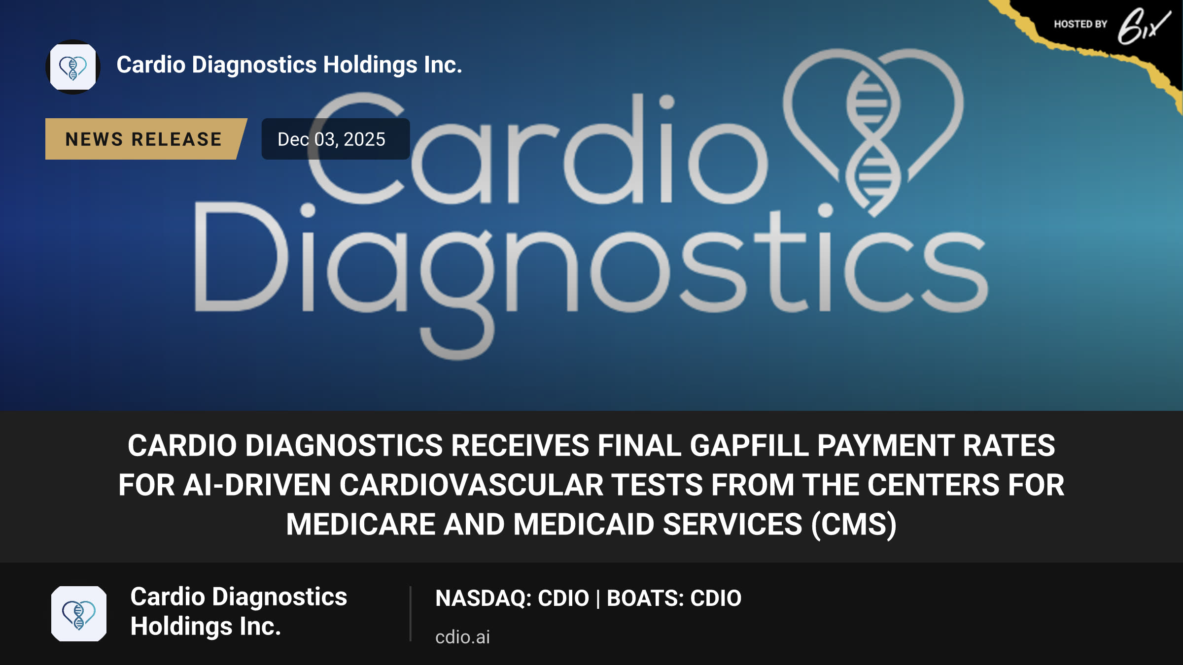 Cardio Diagnostics Receives Final Gapfill Payment Rates for AI-Driven Cardiovascular Tests from the Centers for Medicare and Medicaid Services (CMS)