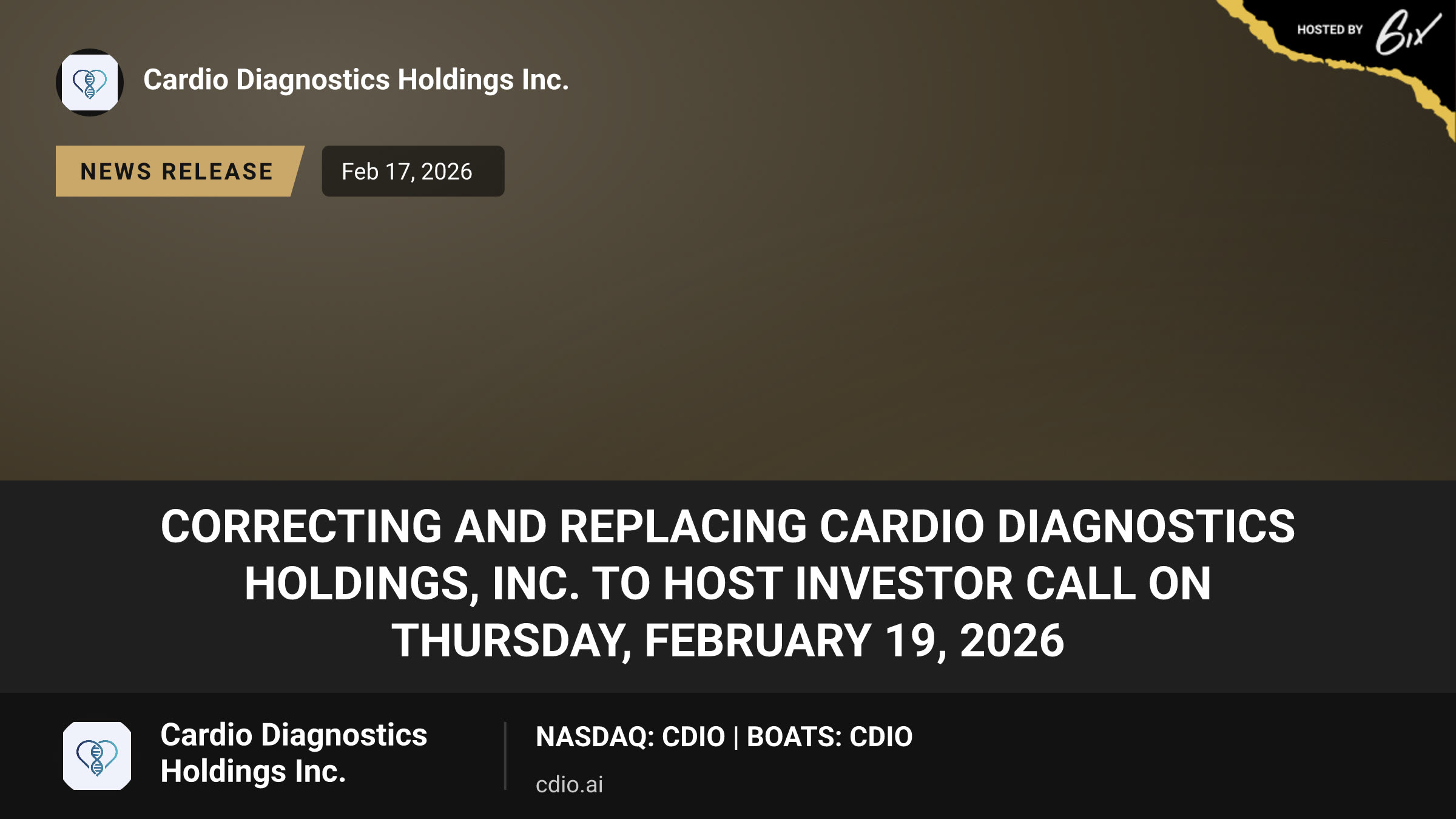 CORRECTING and REPLACING Cardio Diagnostics Holdings, Inc. to Host Investor Call on Thursday, February 19, 2026