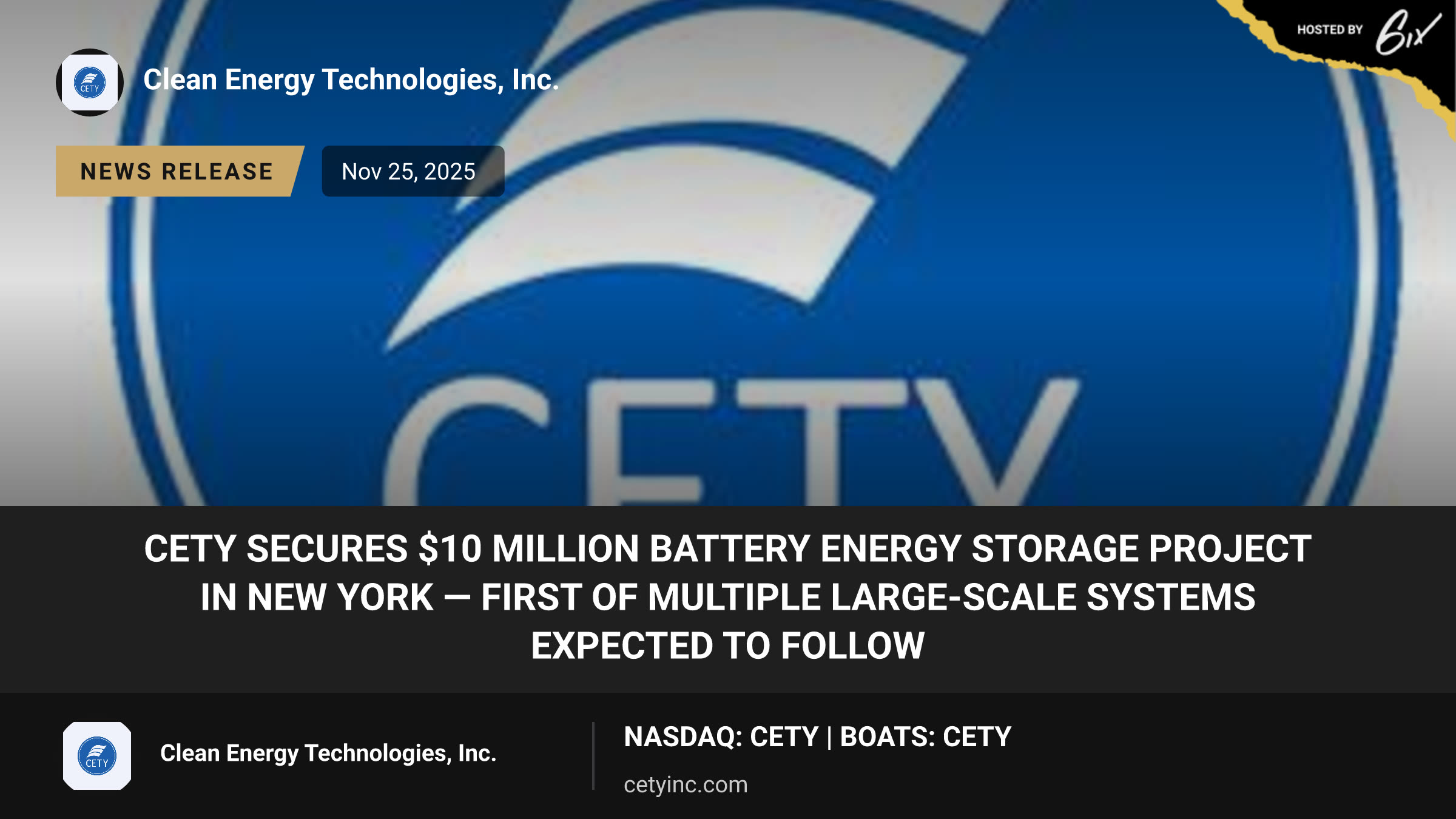 CETY Secures $10 Million Battery Energy Storage Project in New York — First of Multiple Large-Scale Systems Expected to Follow