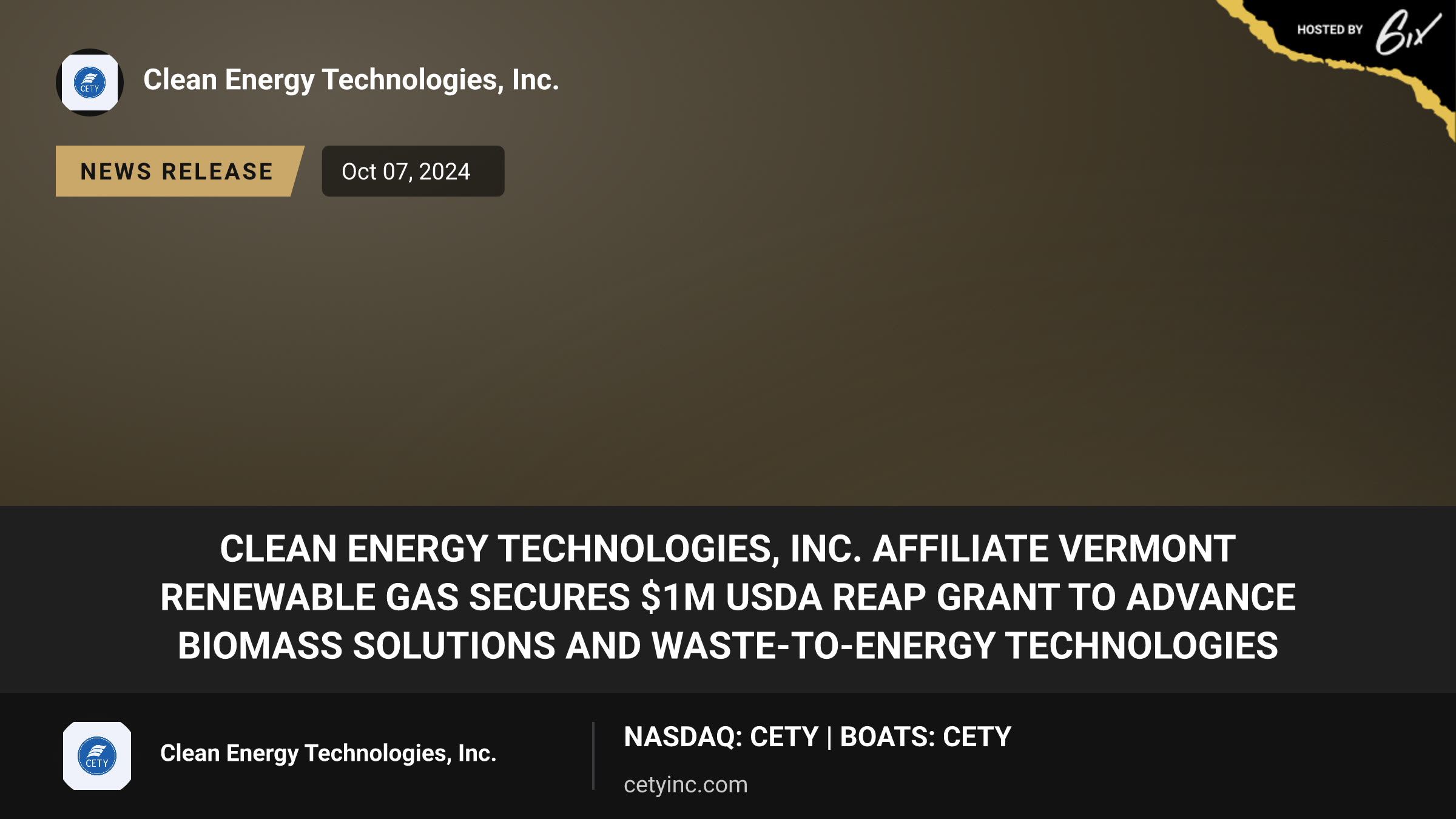 Clean Energy Technologies, Inc. Affiliate Vermont Renewable Gas Secures $1M USDA REAP Grant to Advance Biomass Solutions and Waste-to-Energy Technologies