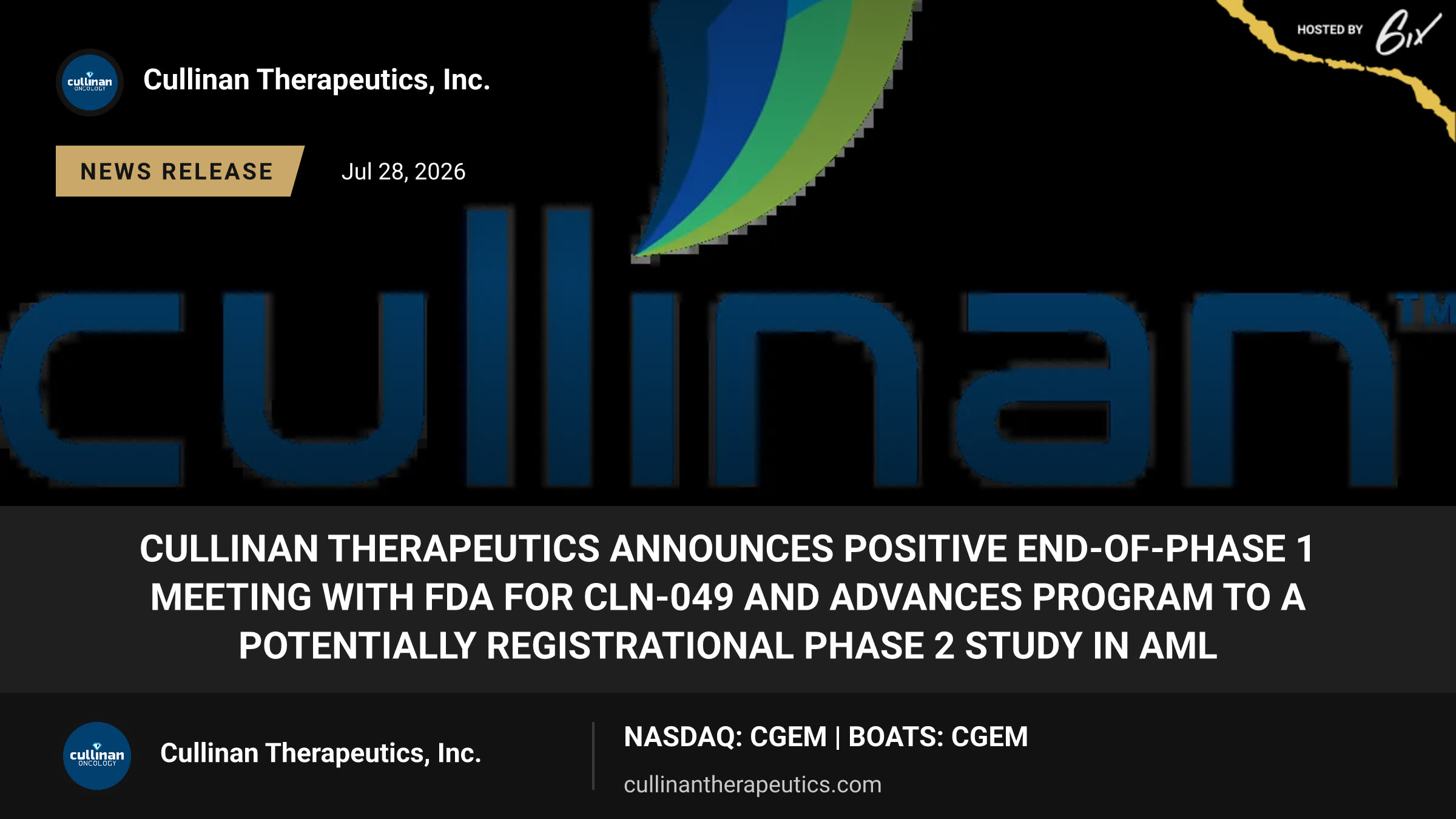 Cullinan Therapeutics Announces Positive End-of-Phase 1 Meeting with FDA for CLN-049 and Advances Program to a Potentially Registrational Phase 2 Study in AML