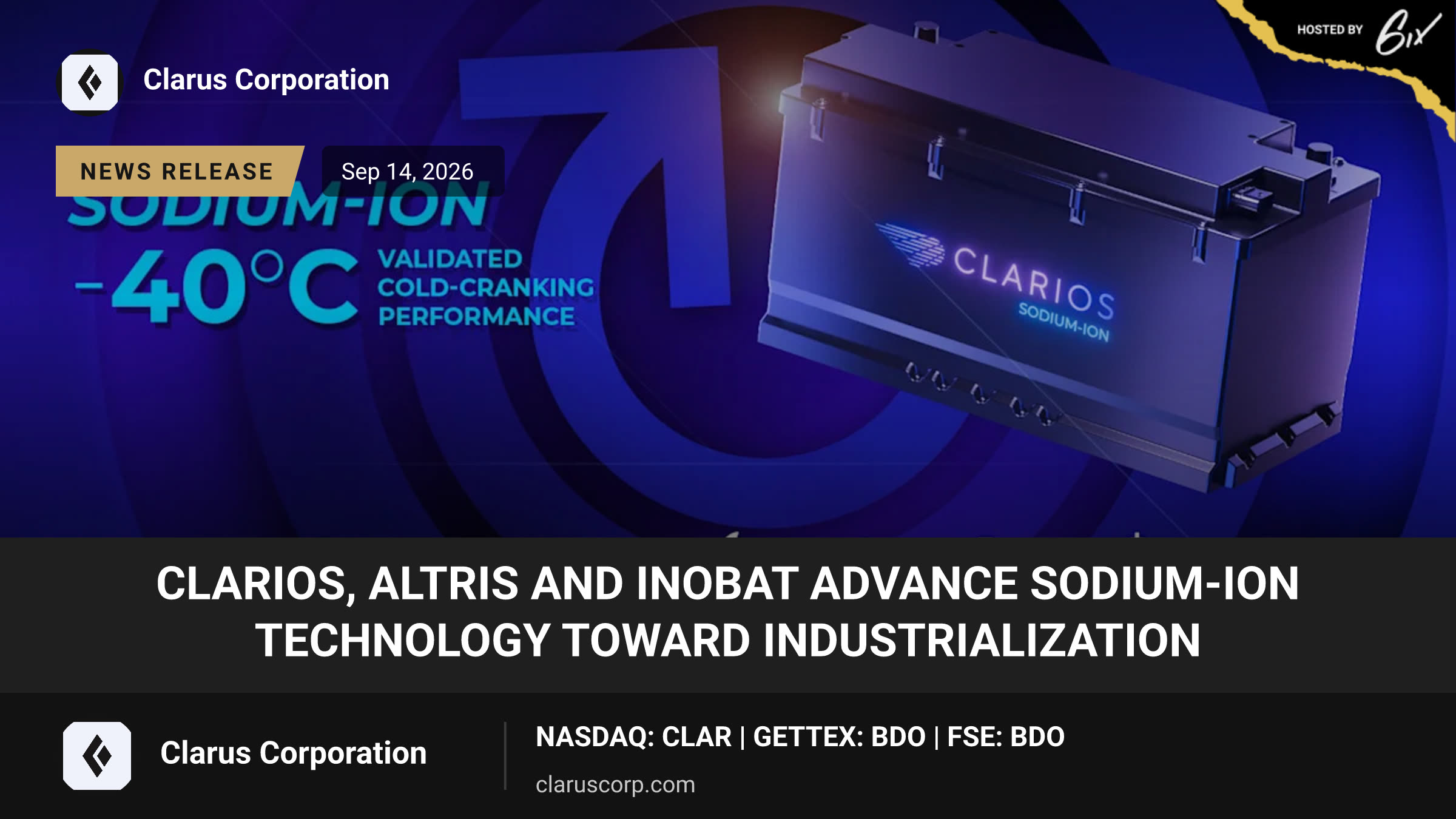 Clarios, Altris and InoBat Advance Sodium-Ion Technology Toward Industrialization