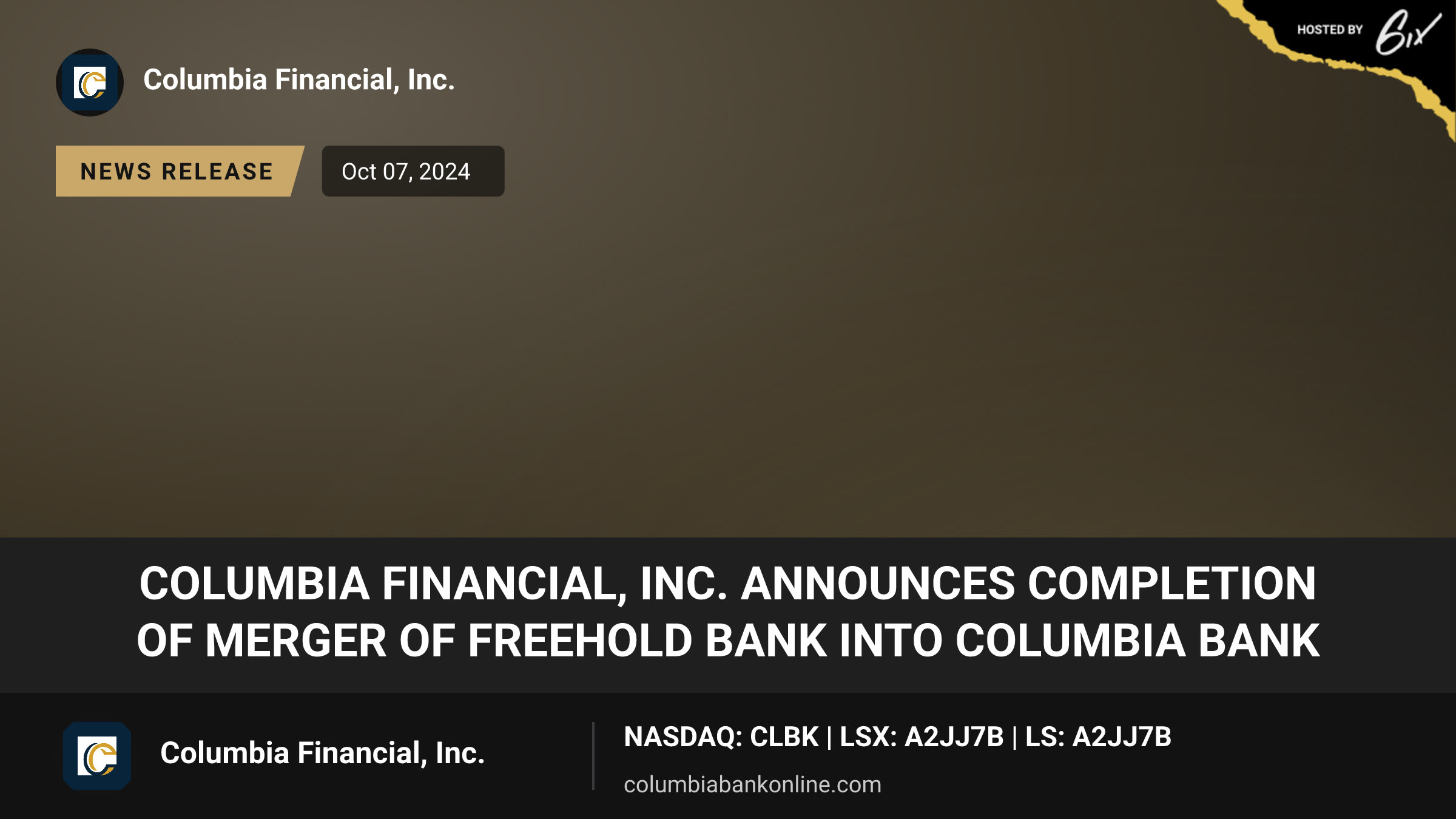 Columbia Financial, Inc. Announces Completion of Merger of Freehold Bank Into Columbia Bank