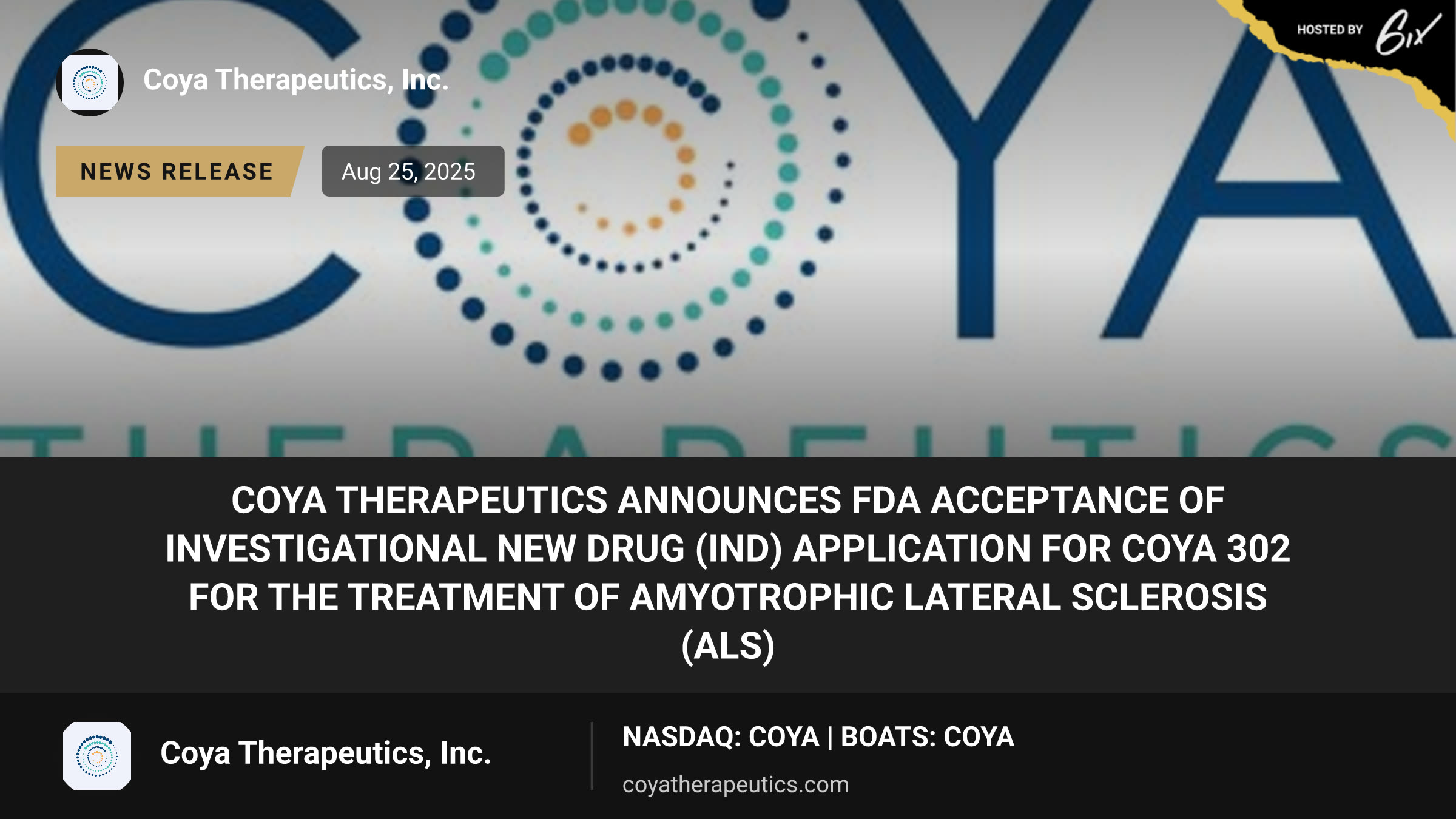 Coya Therapeutics Announces FDA Acceptance of Investigational New Drug (IND) Application for COYA 302 for the Treatment of Amyotrophic Lateral Sclerosis (ALS)