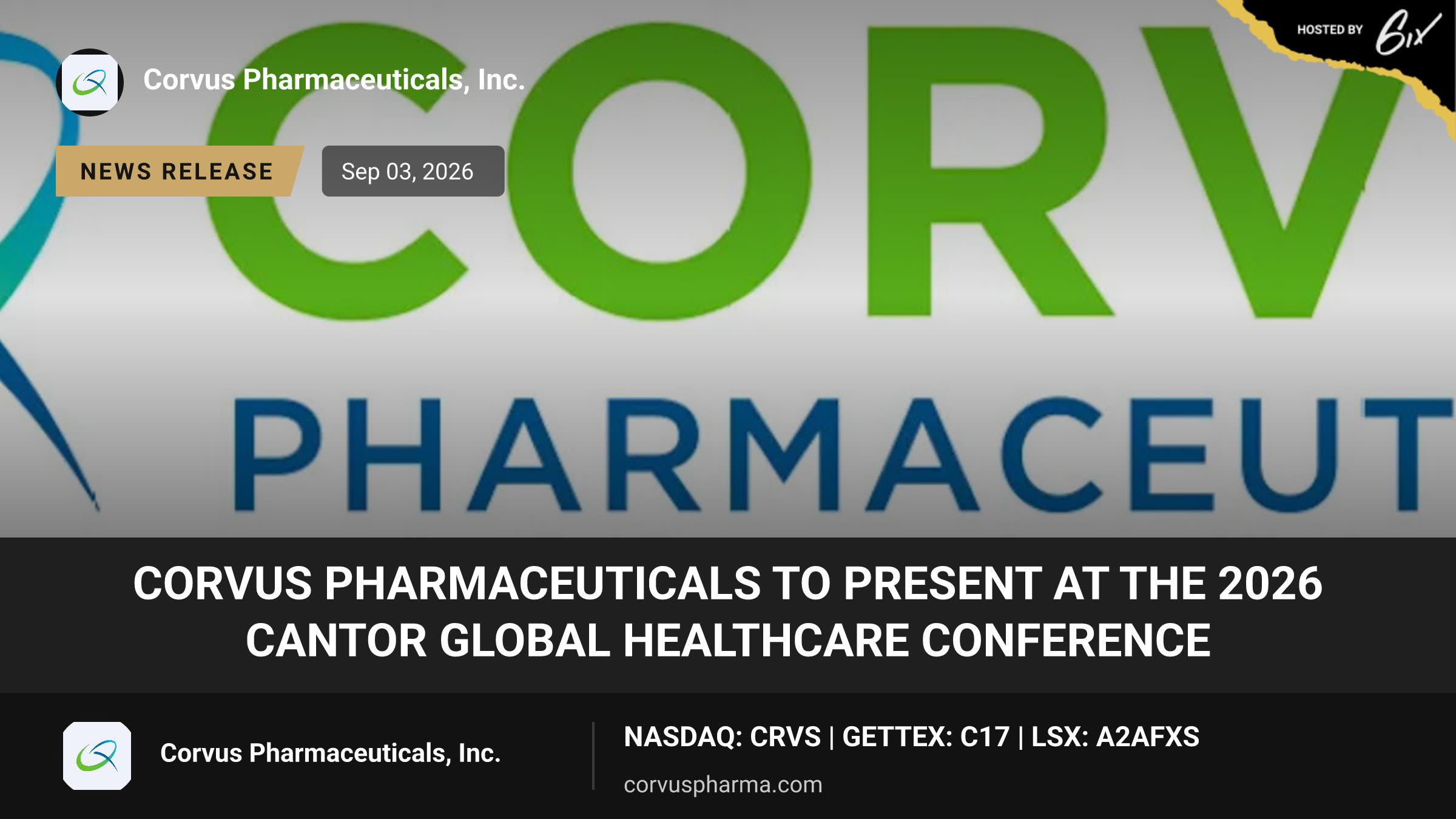Corvus Pharmaceuticals to Present at the 2026 Cantor Global Healthcare Conference