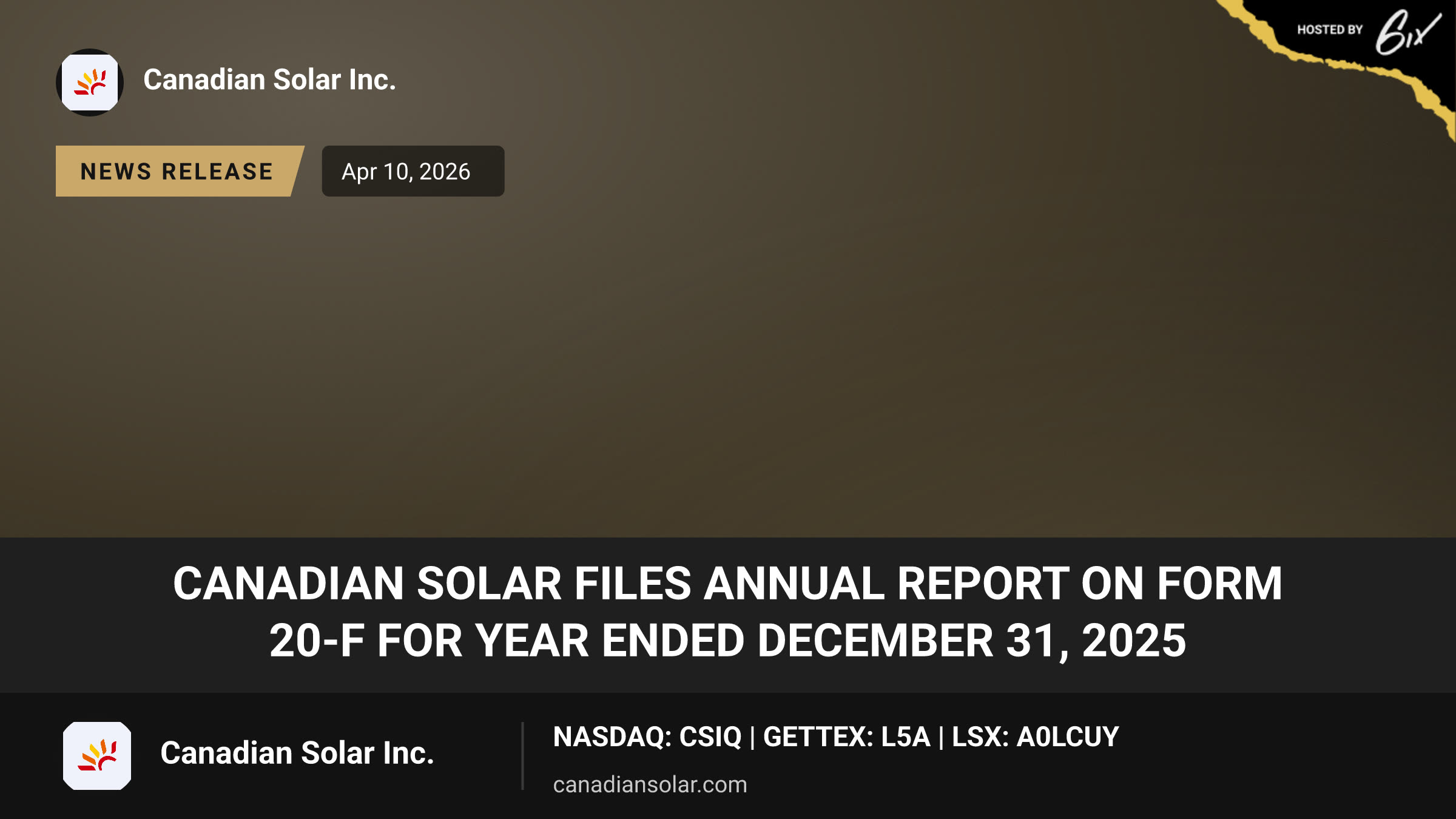 Canadian Solar Files Annual Report on Form 20-F for Year Ended December 31, 2025