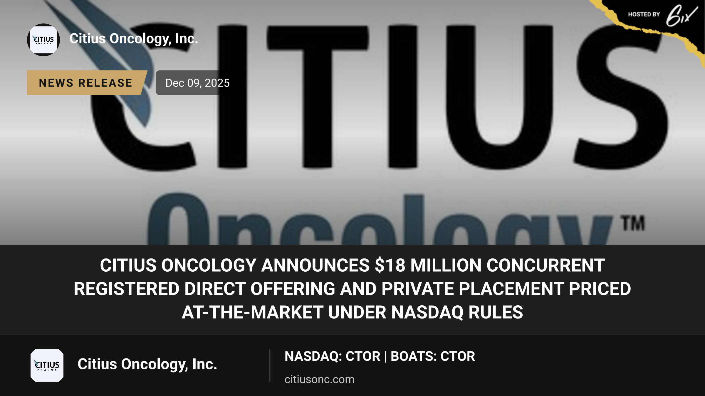 Citius Oncology Announces $18 Million Concurrent Registered Direct Offering and Private Placement Priced At-The-Market Under Nasdaq Rules