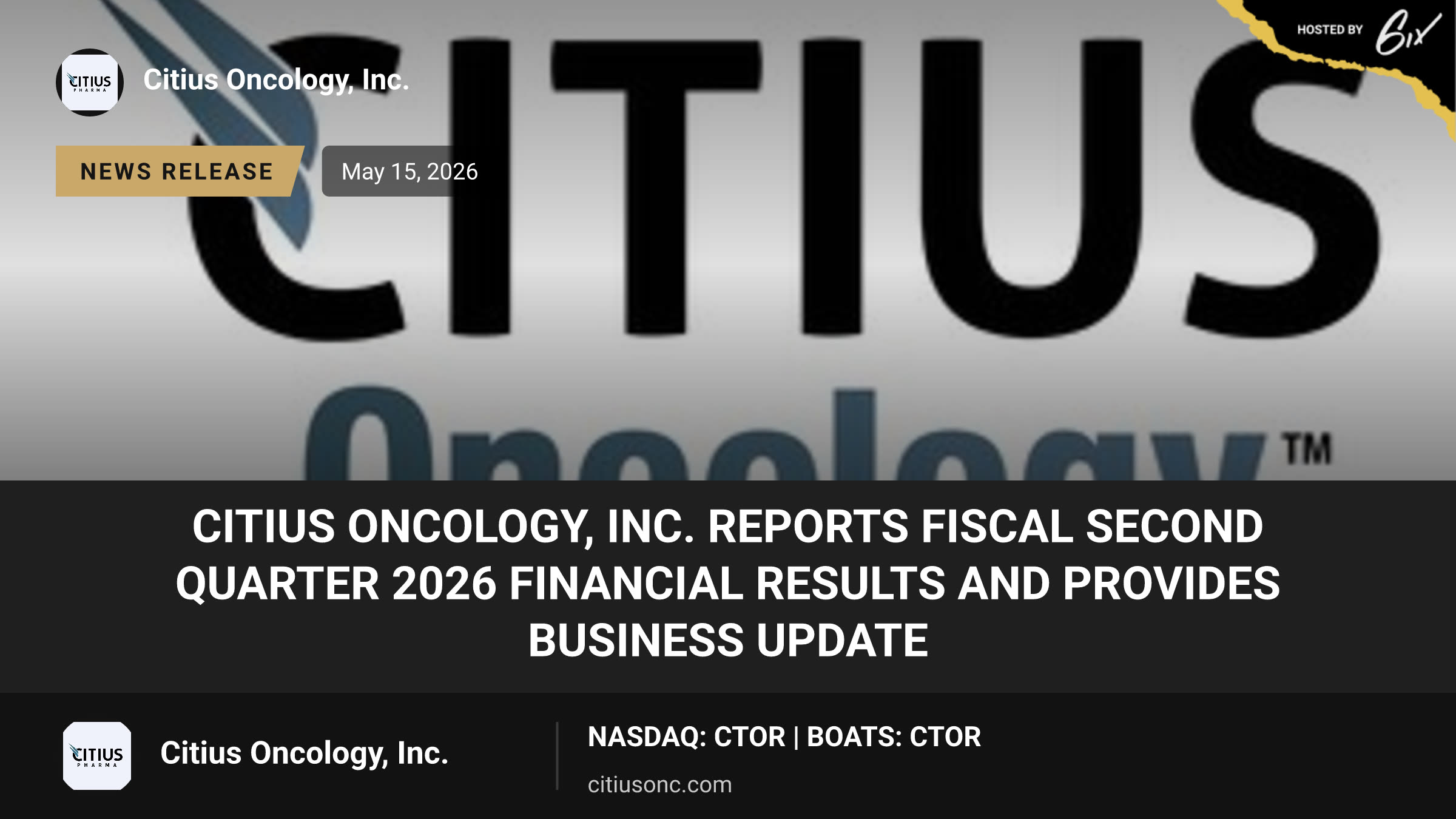 Citius Oncology, Inc. Reports Fiscal Second Quarter 2026 Financial Results and Provides Business Update