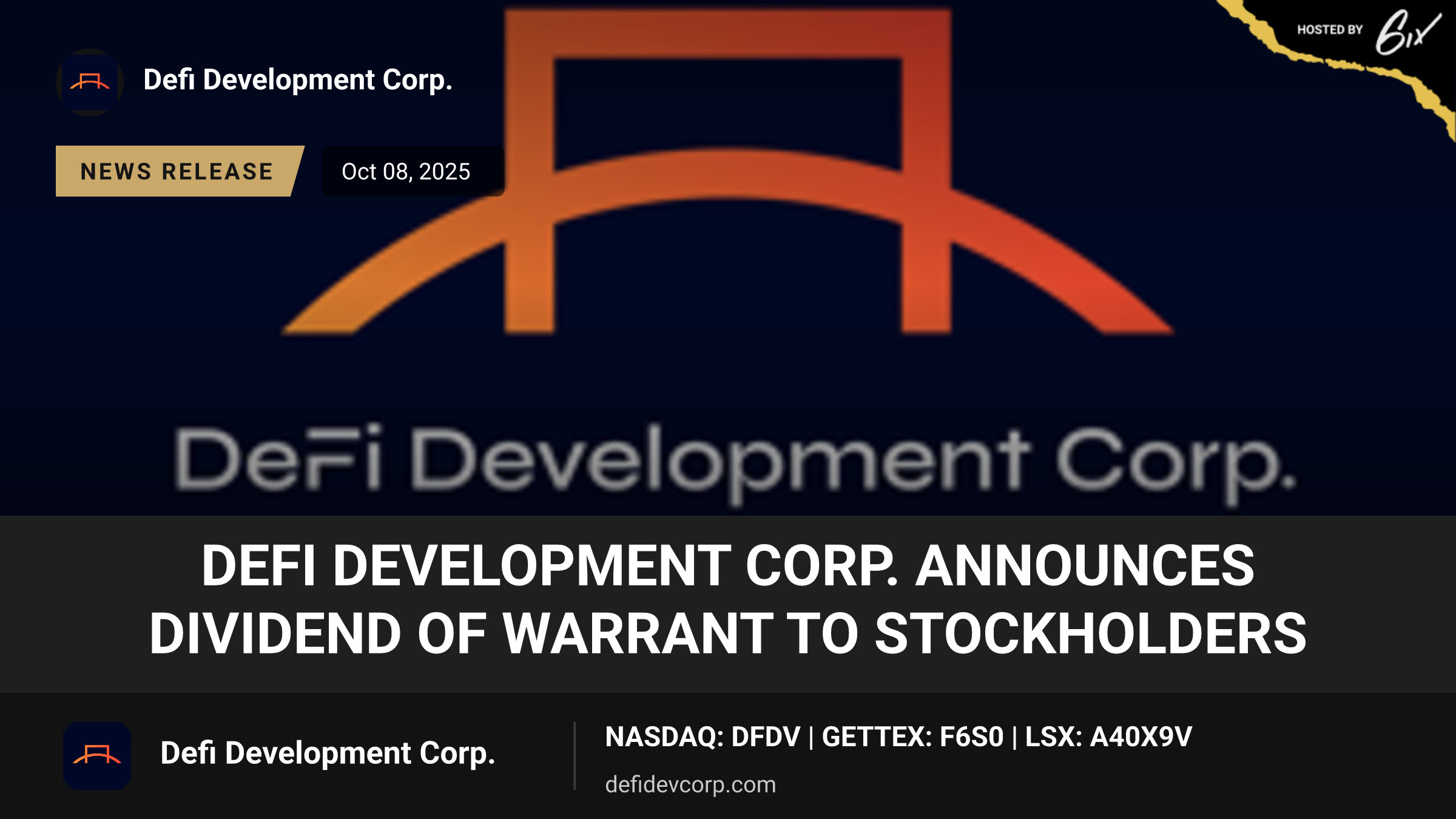 DeFi Development Corp. Announces Dividend of Warrant to Stockholders