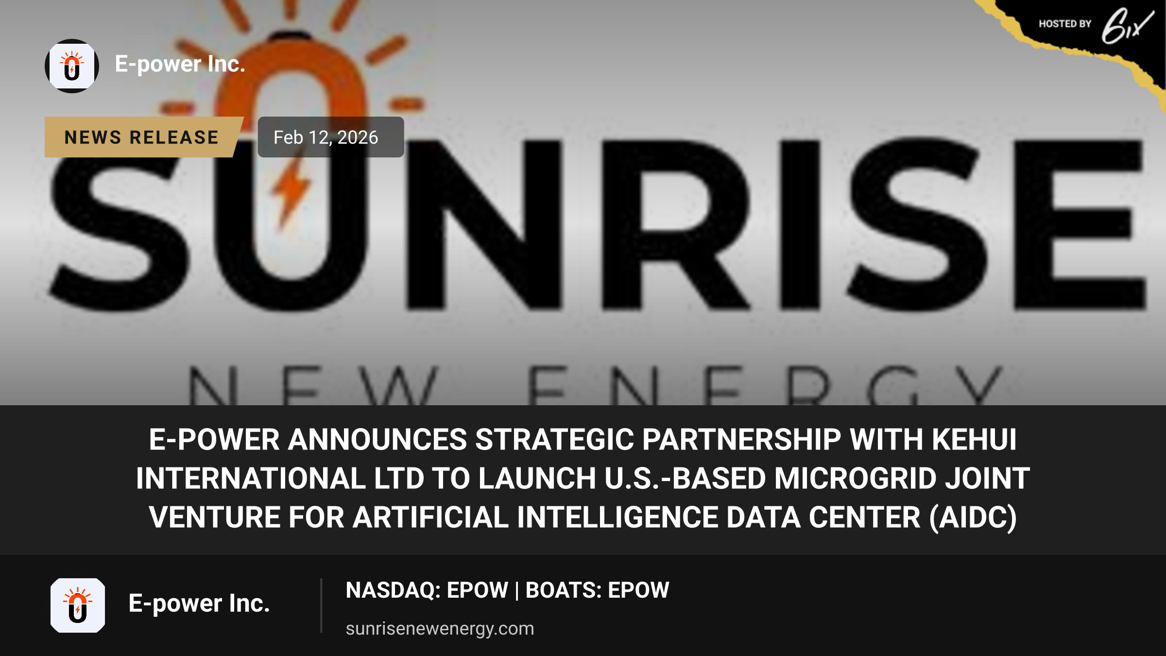 E-Power Announces Strategic Partnership with Kehui International Ltd to Launch U.S.-Based Microgrid Joint Venture for Artificial Intelligence Data Center (AIDC)