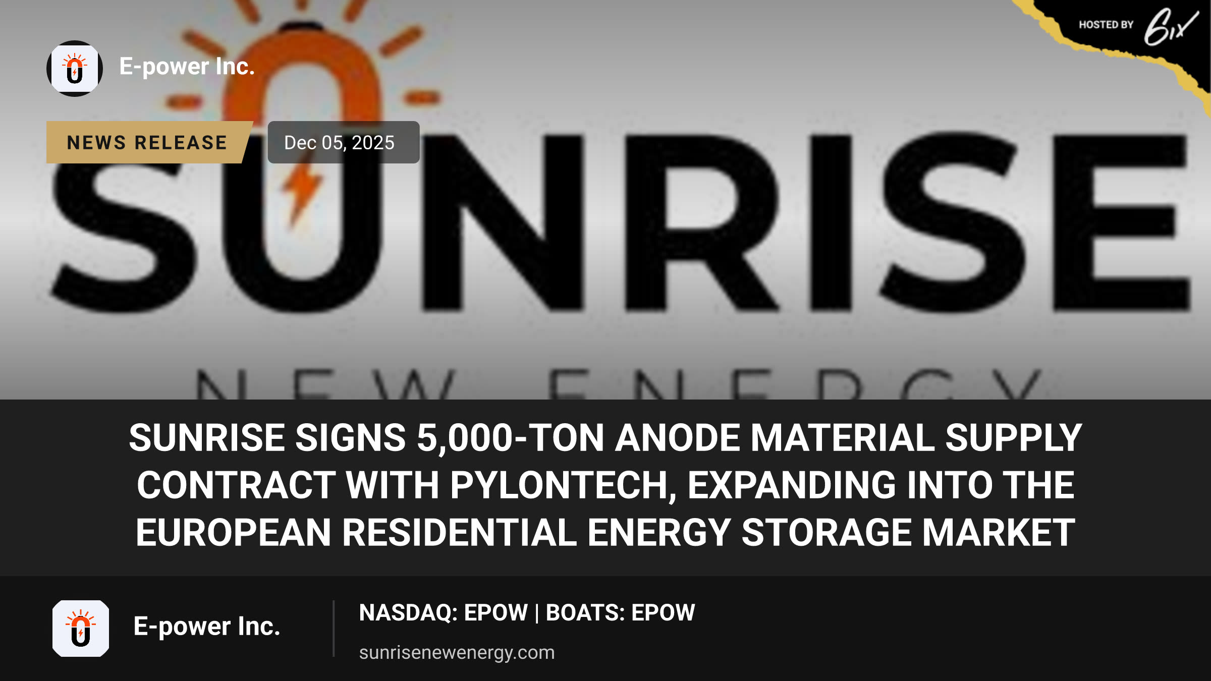 Sunrise Signs 5,000-Ton Anode Material Supply Contract With Pylontech, Expanding Into the European Residential Energy Storage Market