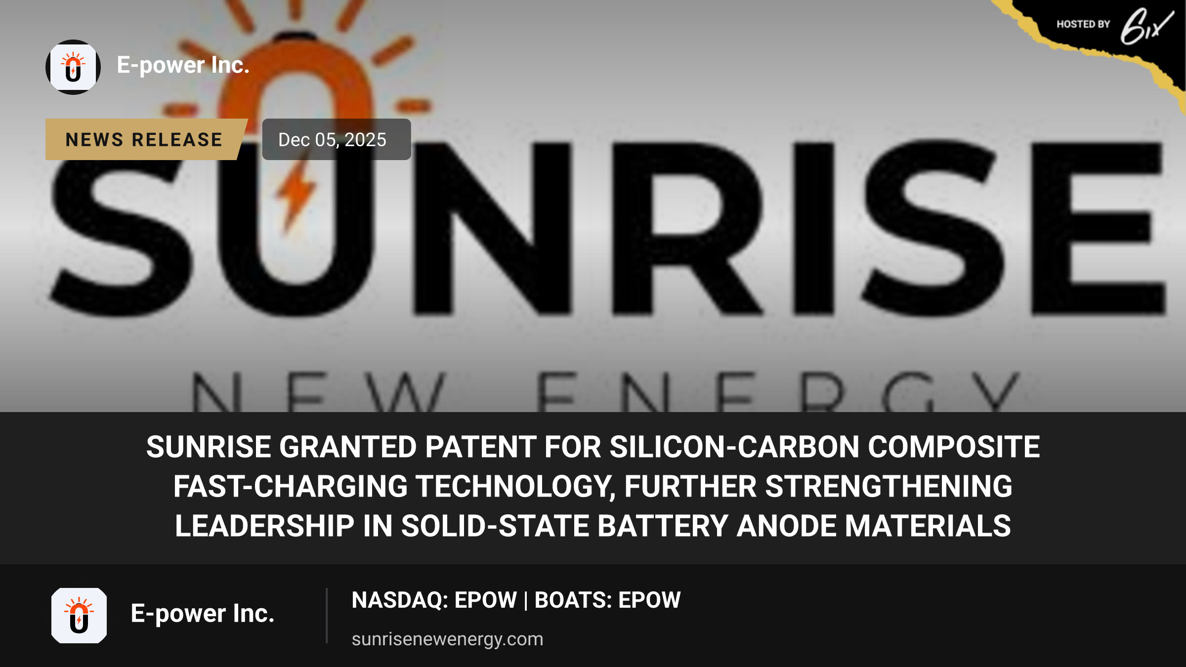 Sunrise Granted Patent for Silicon-Carbon Composite Fast-Charging Technology, Further Strengthening Leadership in Solid-State Battery Anode Materials