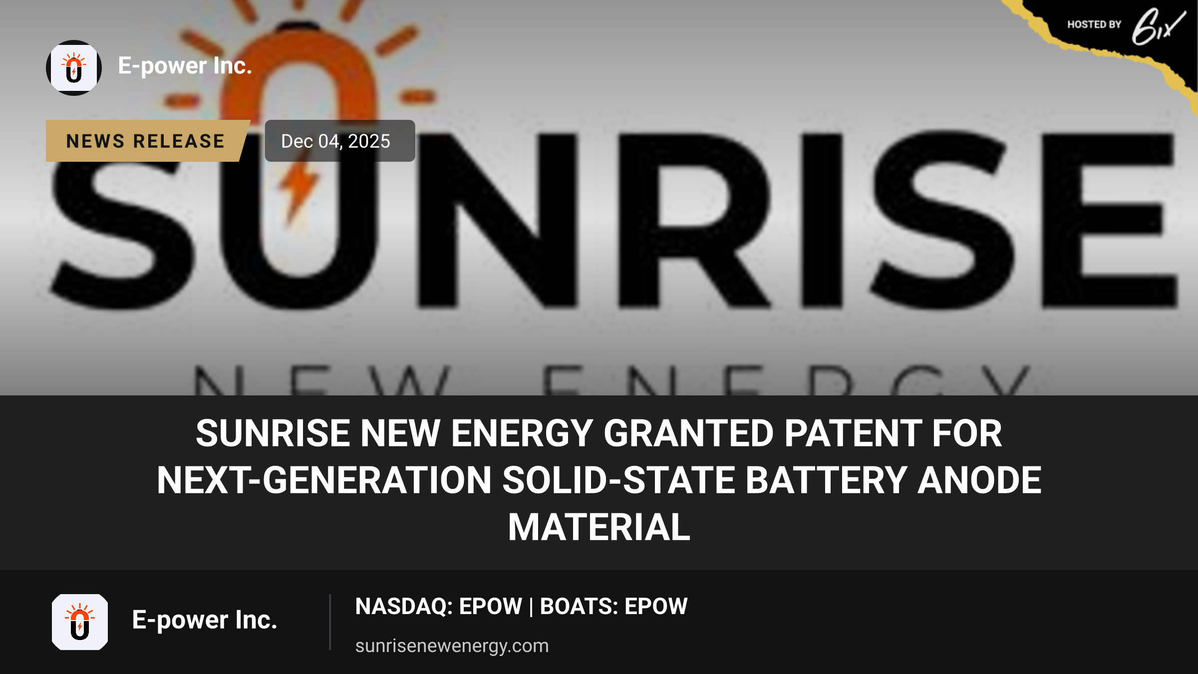 Sunrise New Energy Granted Patent for Next-Generation Solid-State Battery Anode Material